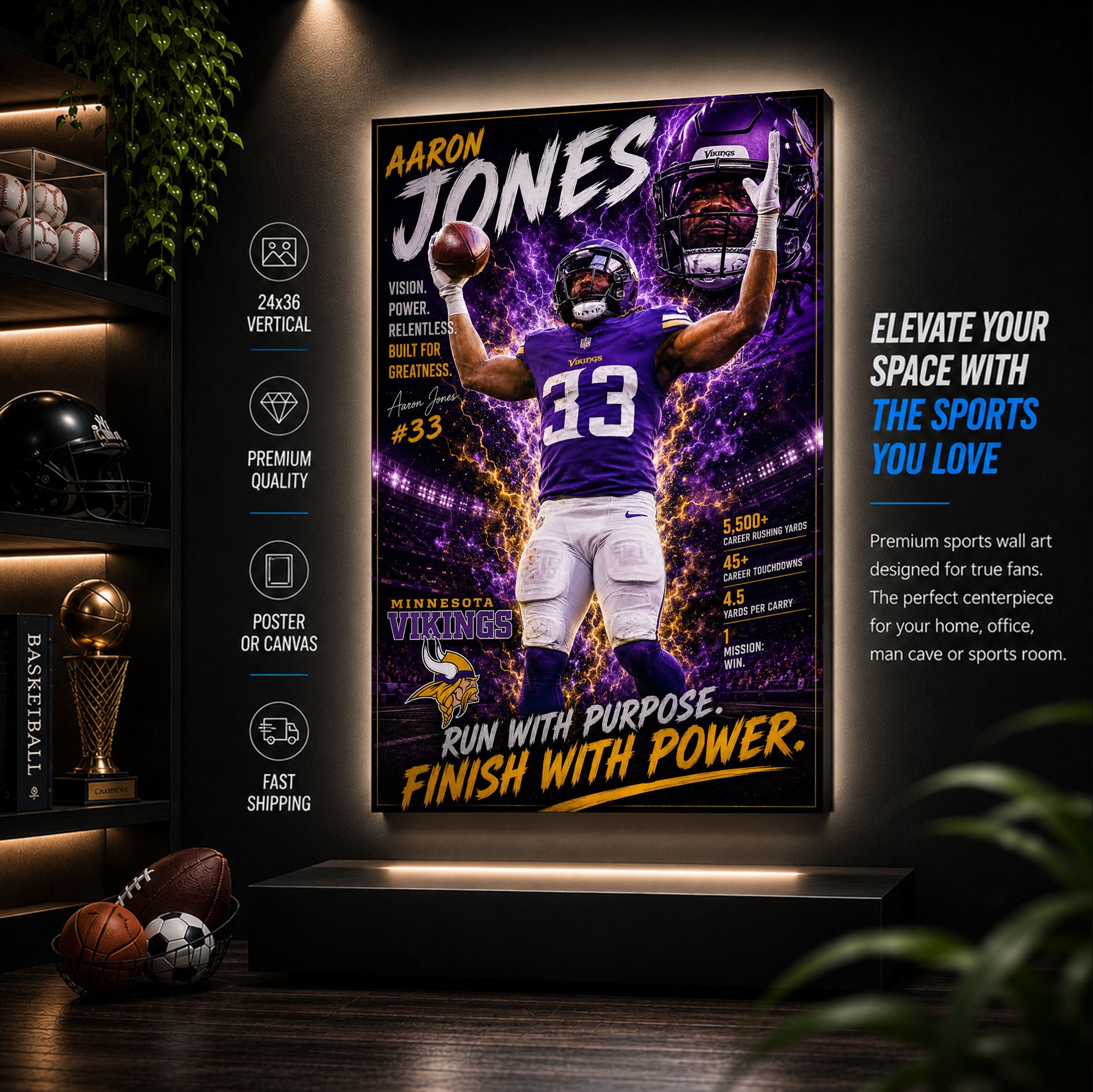 Aaron Jones Vikings Fan Poster or Canvas Wall Art