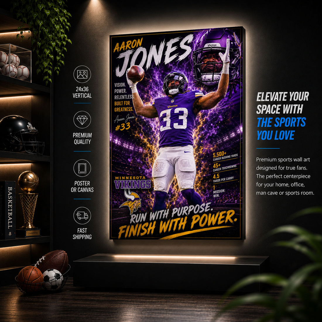 Aaron Jones Vikings Fan Poster or Canvas Wall Art