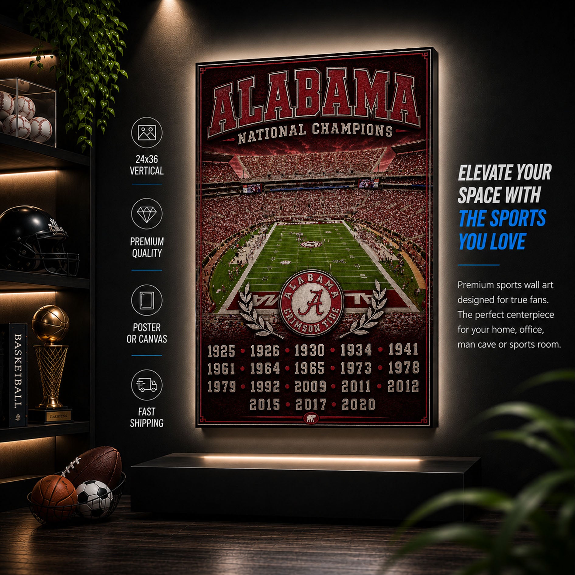 Alabama Football Stadium Fan Poster or Canvas Wall Art