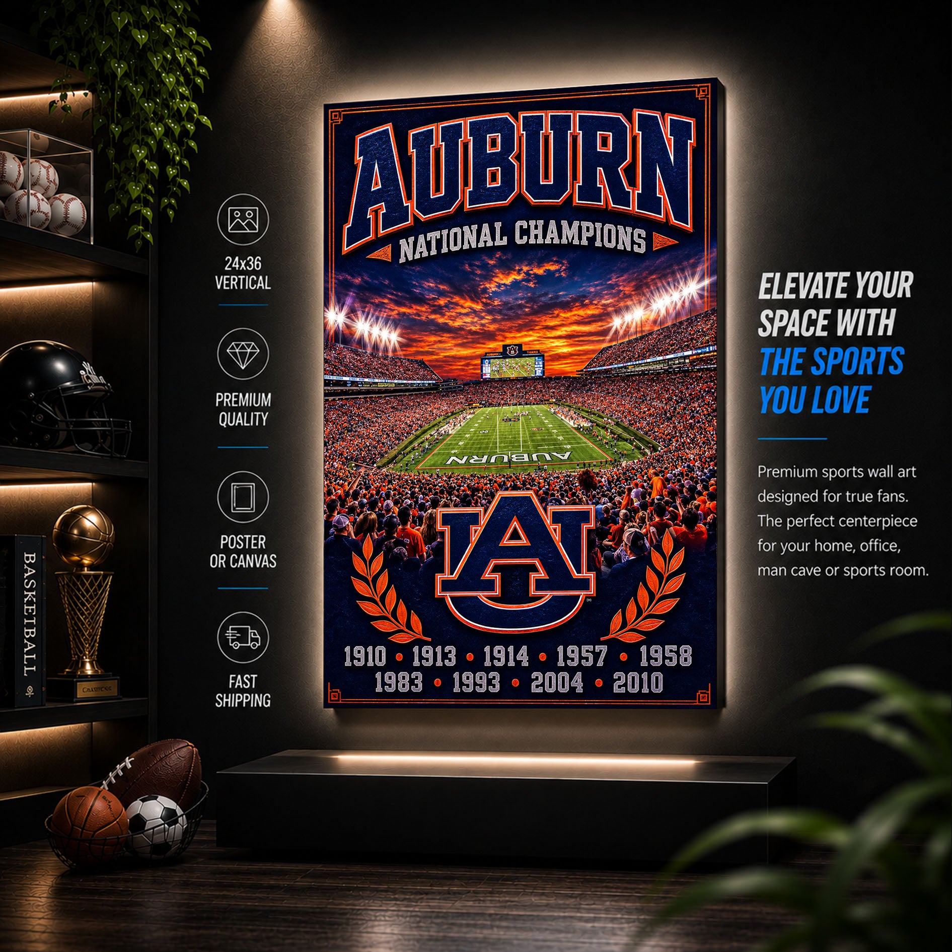 Auburn Football Stadium Fan Poster or Canvas Wall Art