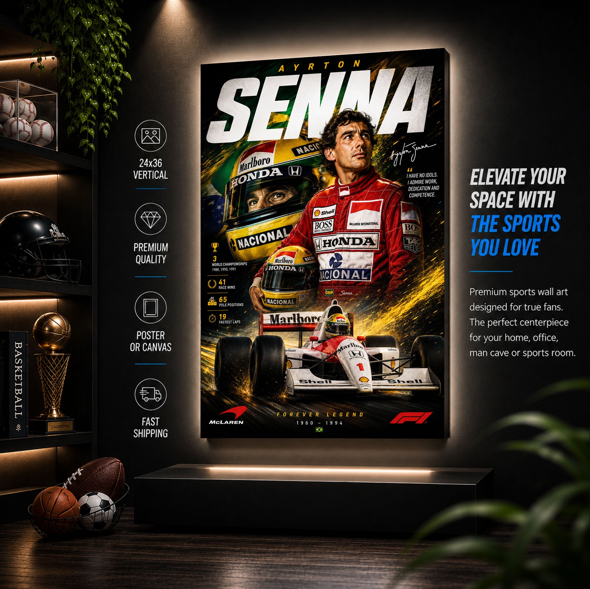 Ayrton Senna Poster & Canvas Wall Art - Brazilian Formula 1 Racing F1 Wall Art