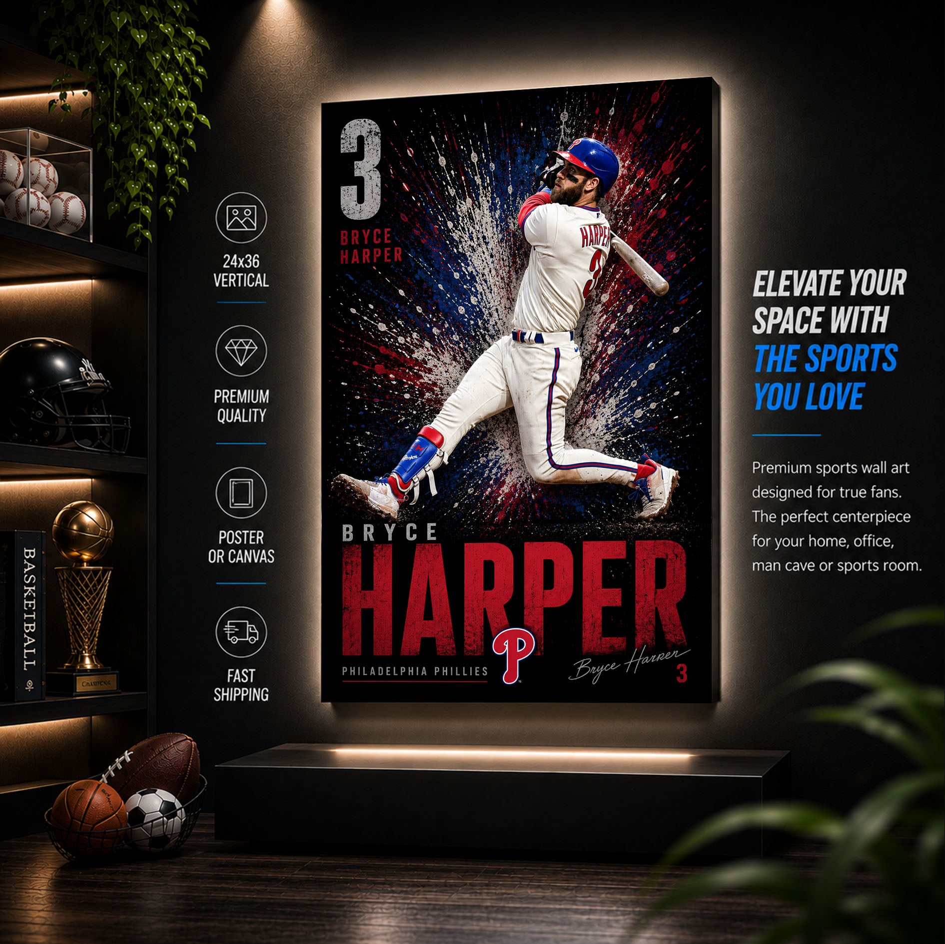 Bryce Harper Phillies Poster or Canvas Wall Art
