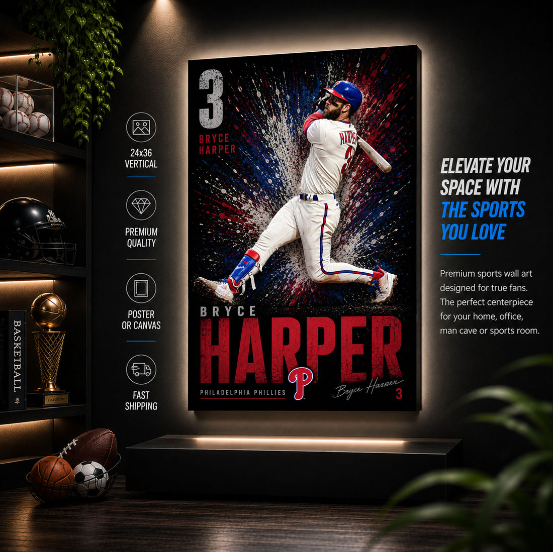 Bryce Harper Phillies Poster or Canvas Wall Art