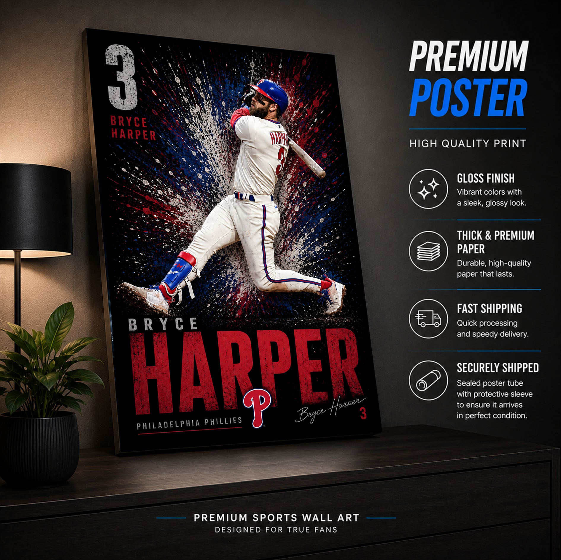 Bryce Harper Phillies Poster or Canvas Wall Art