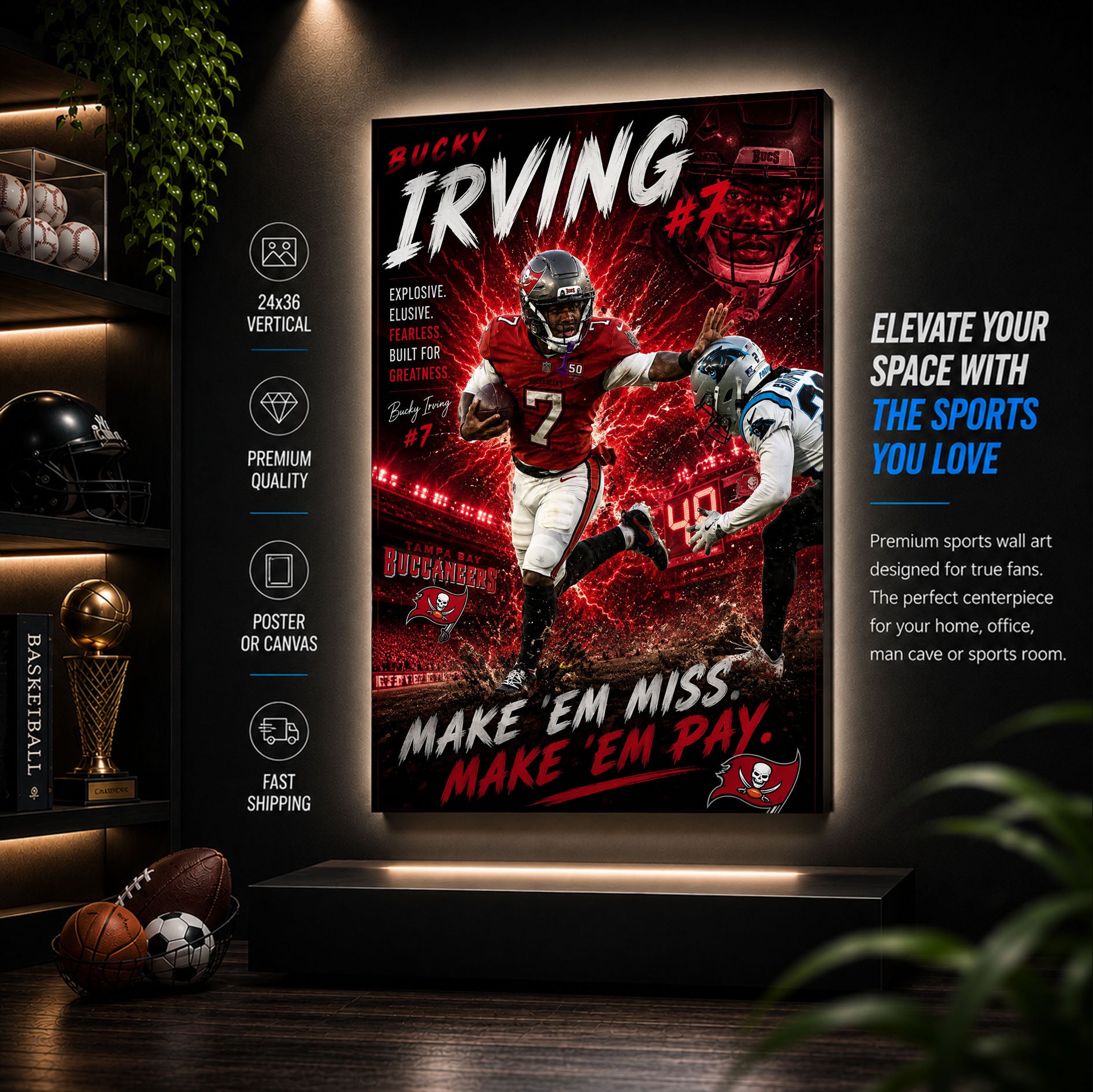 Bucky Irving Bucs Fan Poster or Canvas Wall Art
