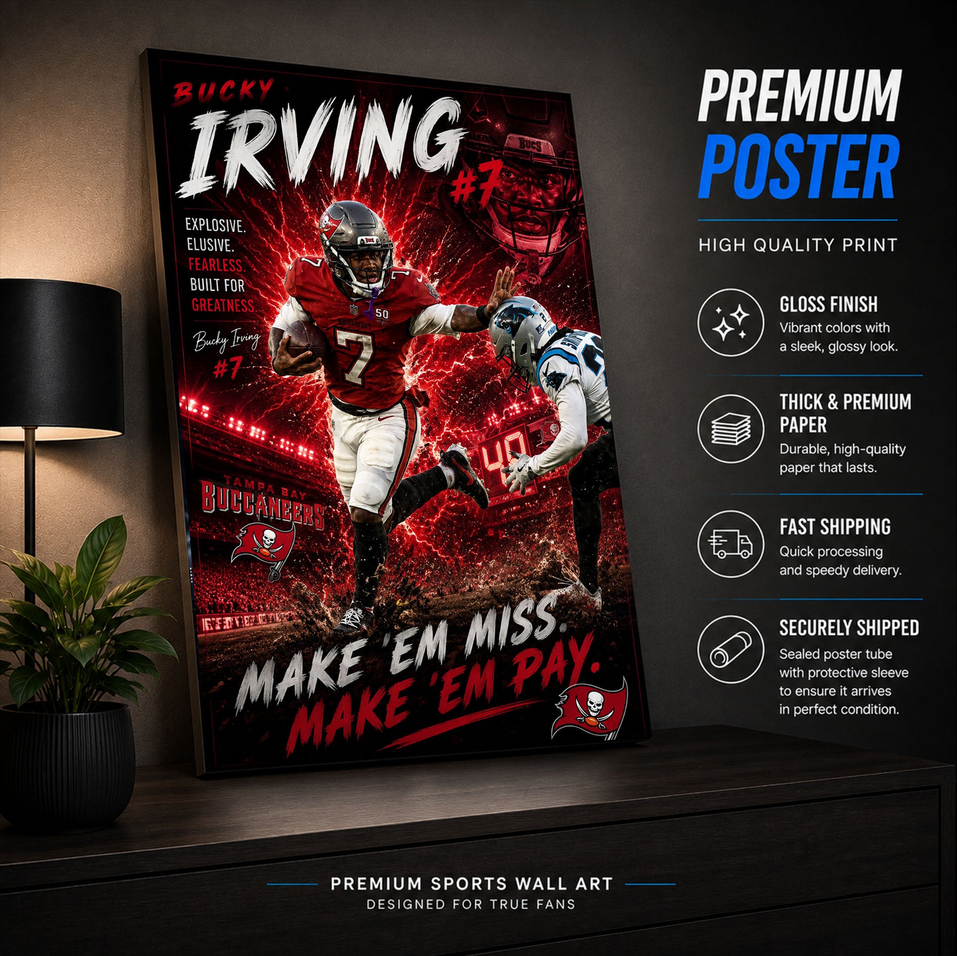 Bucky Irving Bucs Fan Poster or Canvas Wall Art