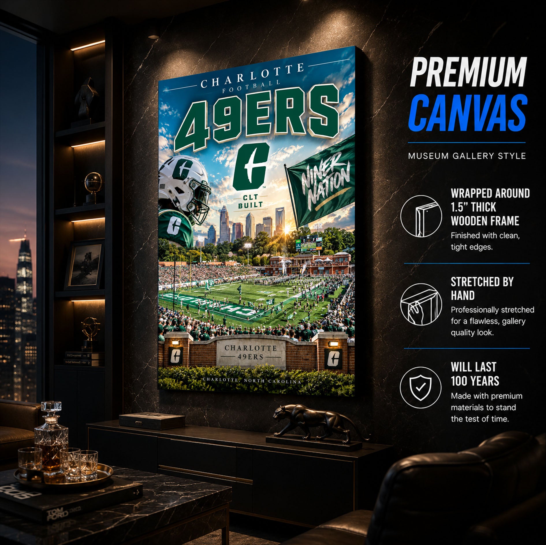 Charlotte 49ers Football Stadium Poster or Canvas Wall Art
