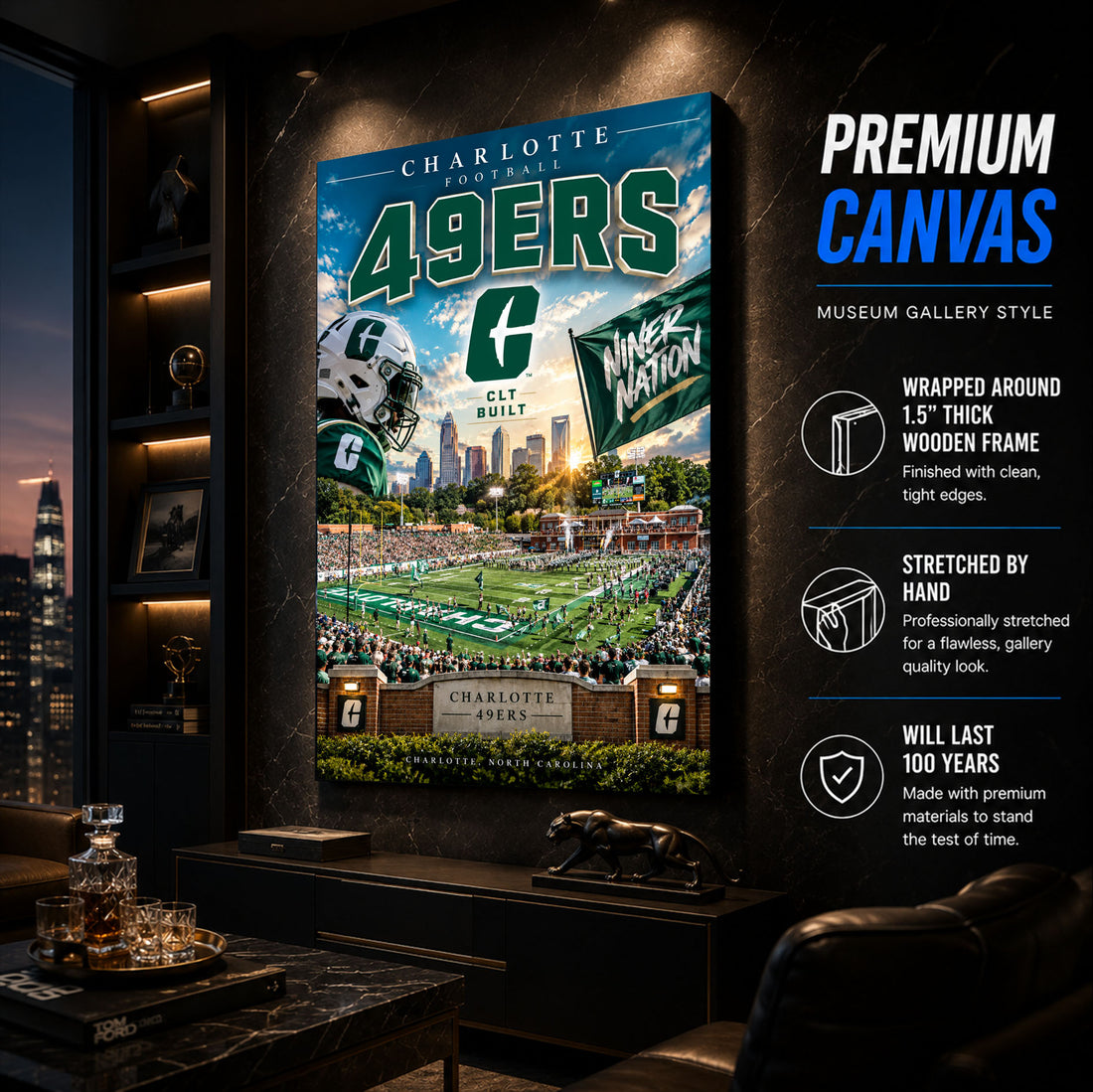 Charlotte 49ers Football Stadium Poster or Canvas Wall Art
