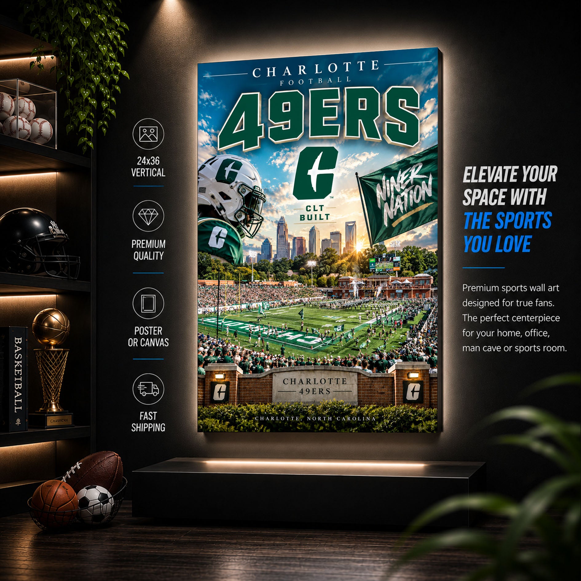 Charlotte 49ers Football Stadium Poster or Canvas Wall Art