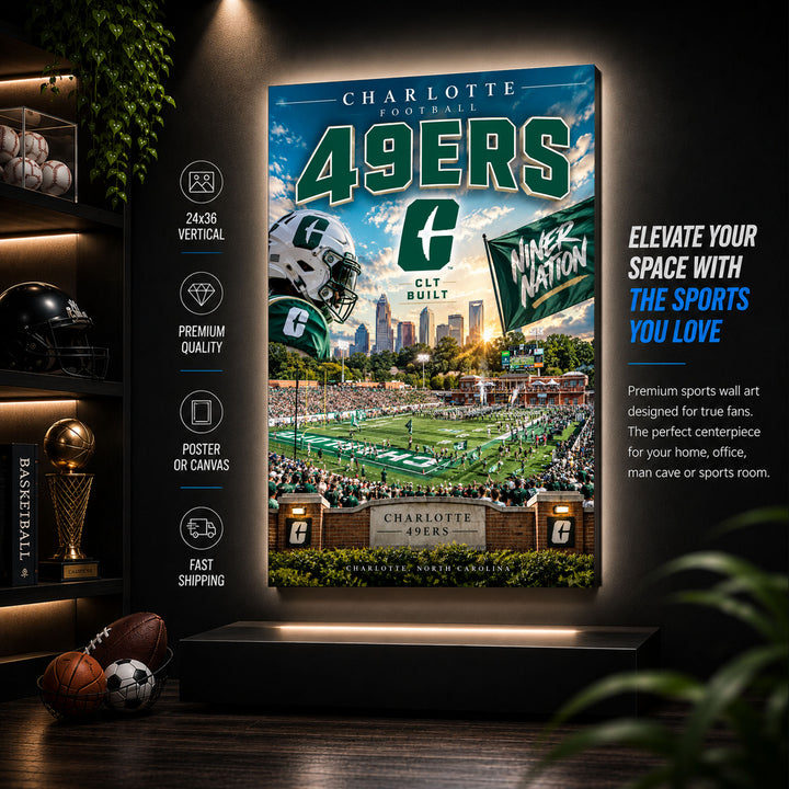 Charlotte 49ers Football Stadium Poster or Canvas Wall Art