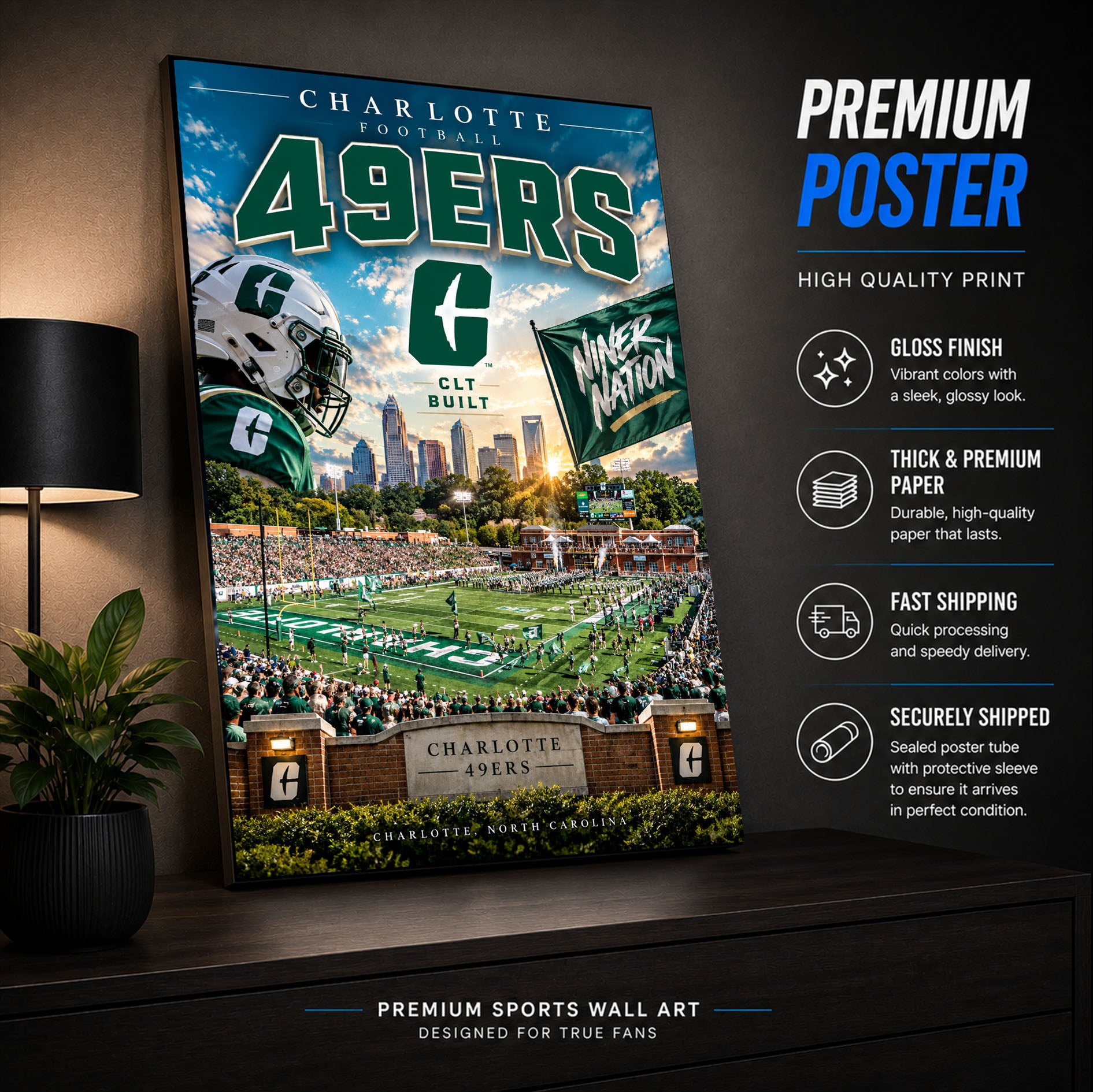 Charlotte 49ers Football Stadium Poster or Canvas Wall Art