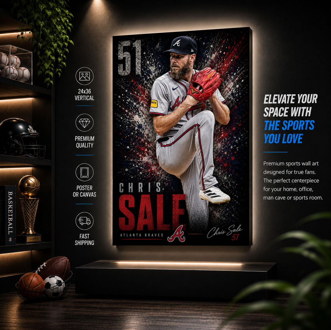 Chris Sale Braves Poster or Canvas Wall Art