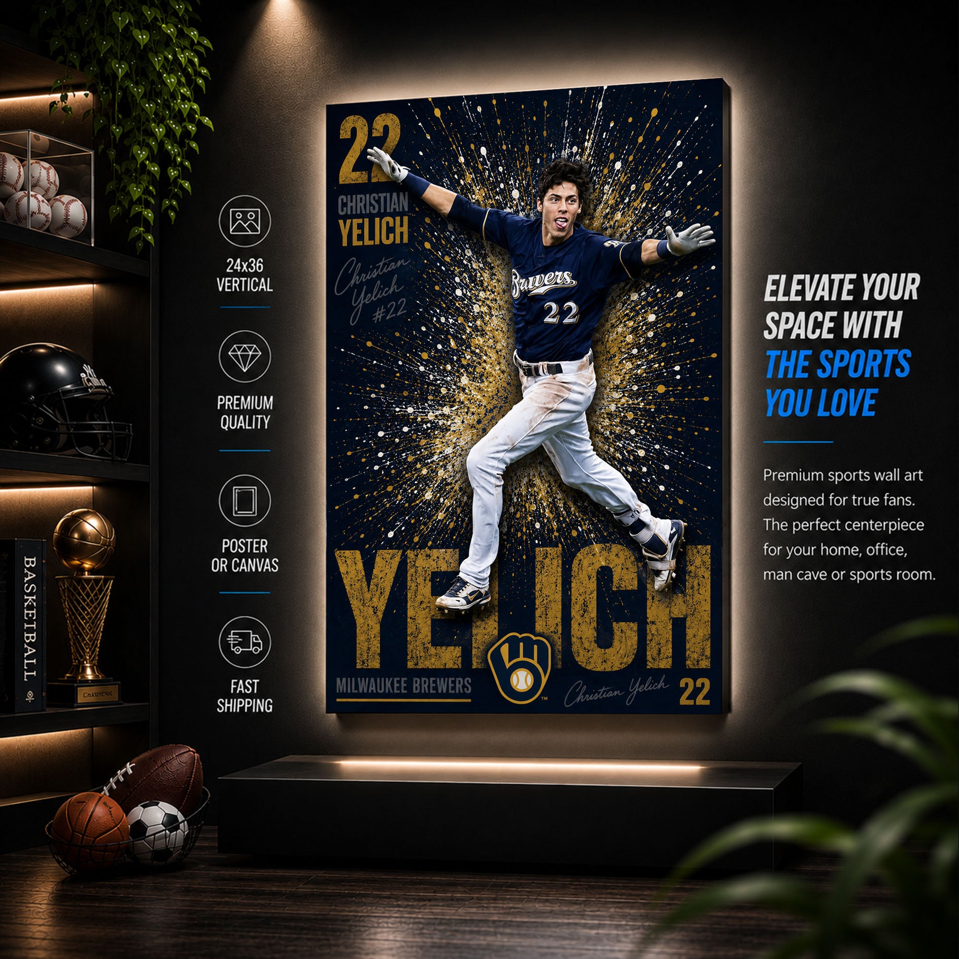 Christian Yelich Brewers Poster or Canvas Wall Art