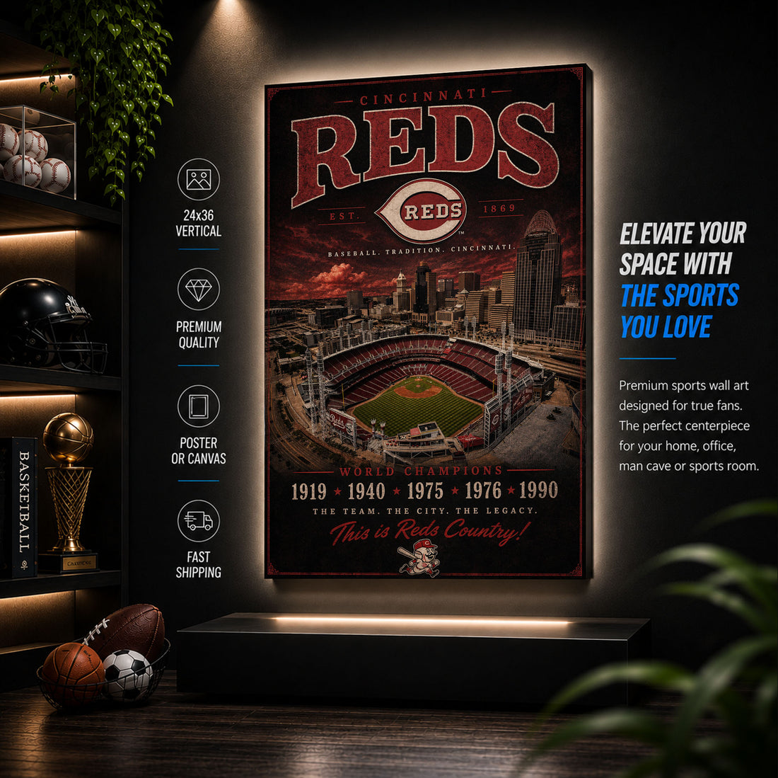Cincinnati Reds Stadium Fan Poster or Canvas Wall Art