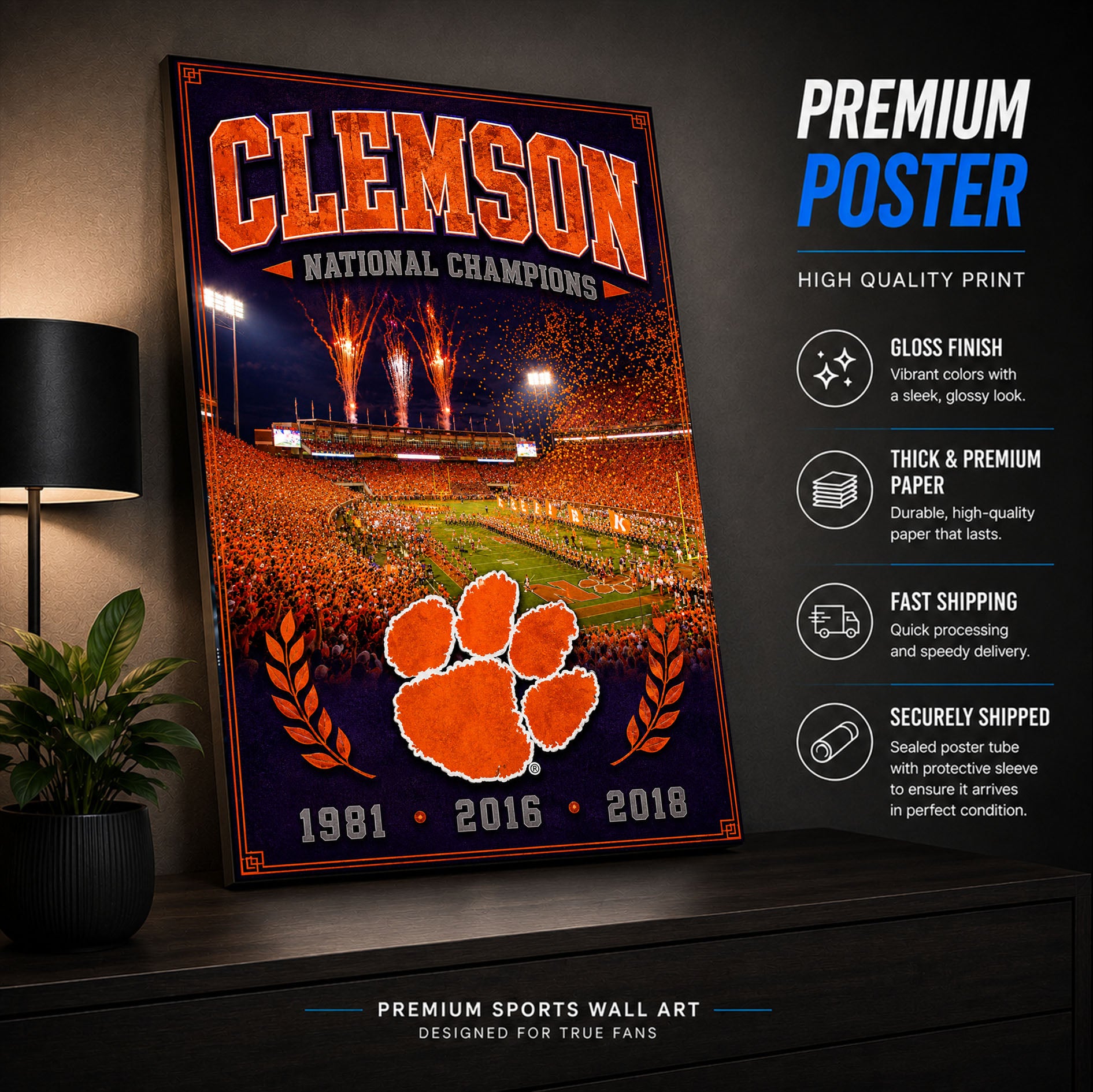 Clemson Football Stadium Fan Poster or Canvas Wall Art
