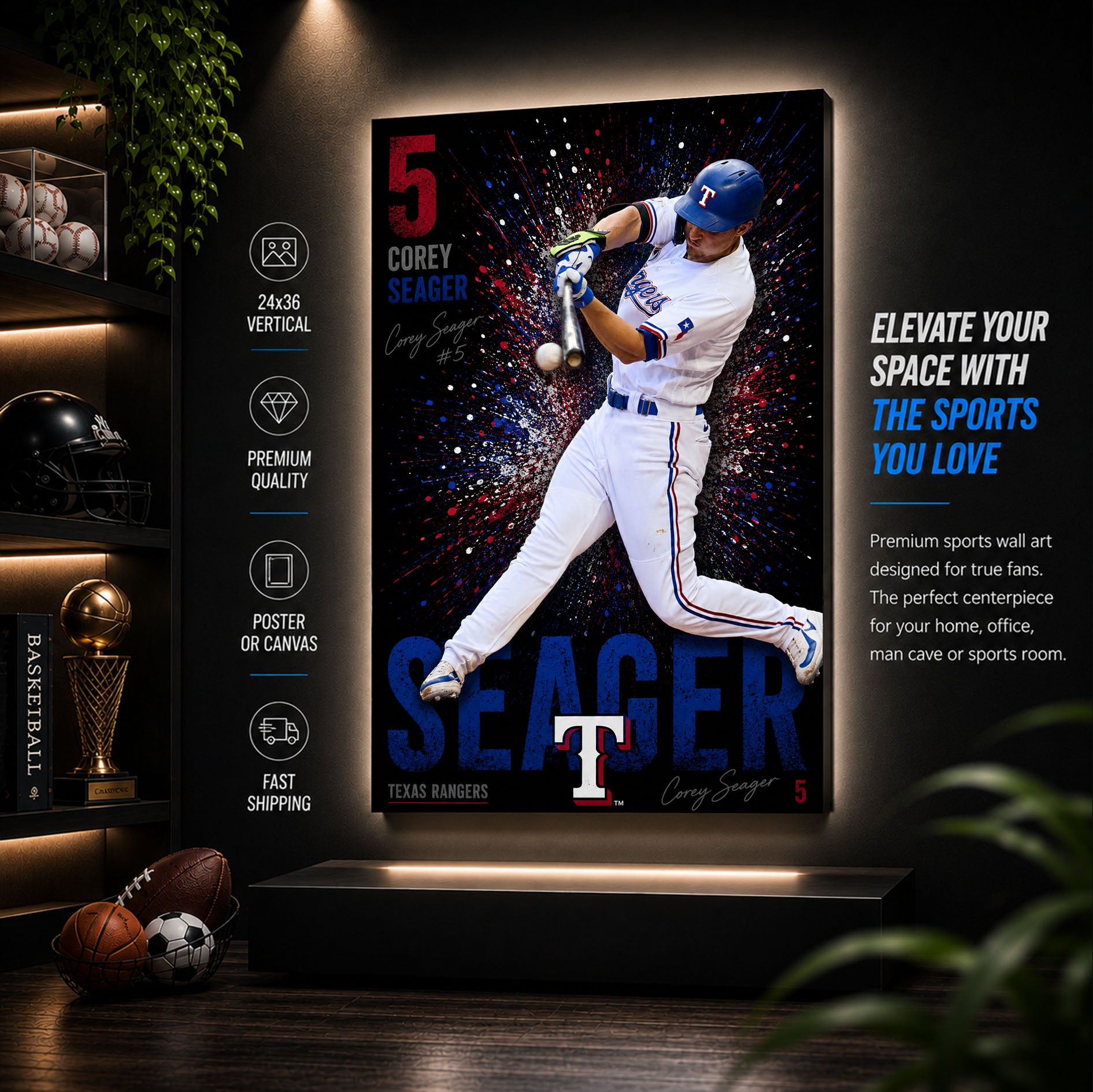 Corey Seager Rangers Poster or Canvas Wall Art