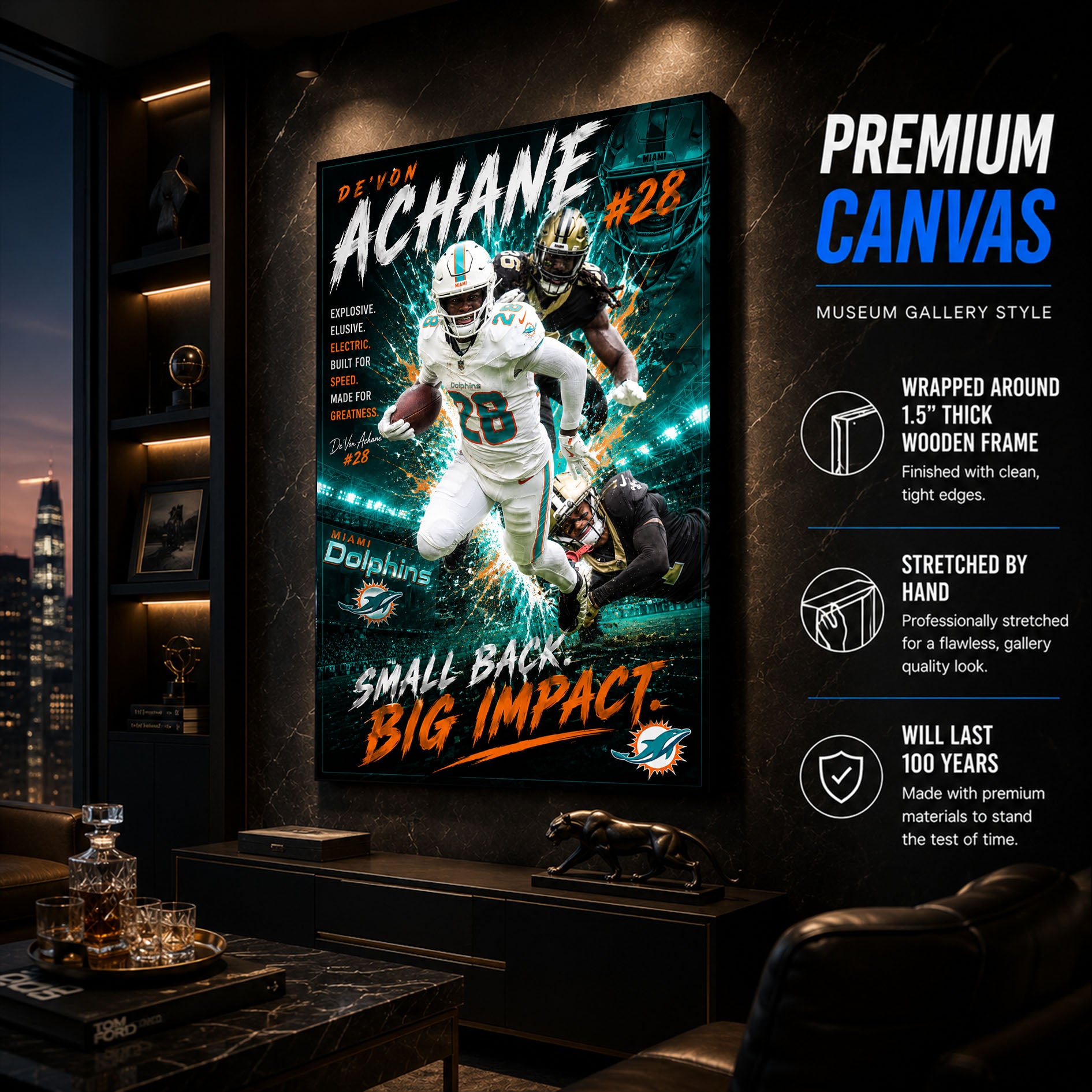 Devon Achane Dolphins Fan Poster or Canvas Wall Art