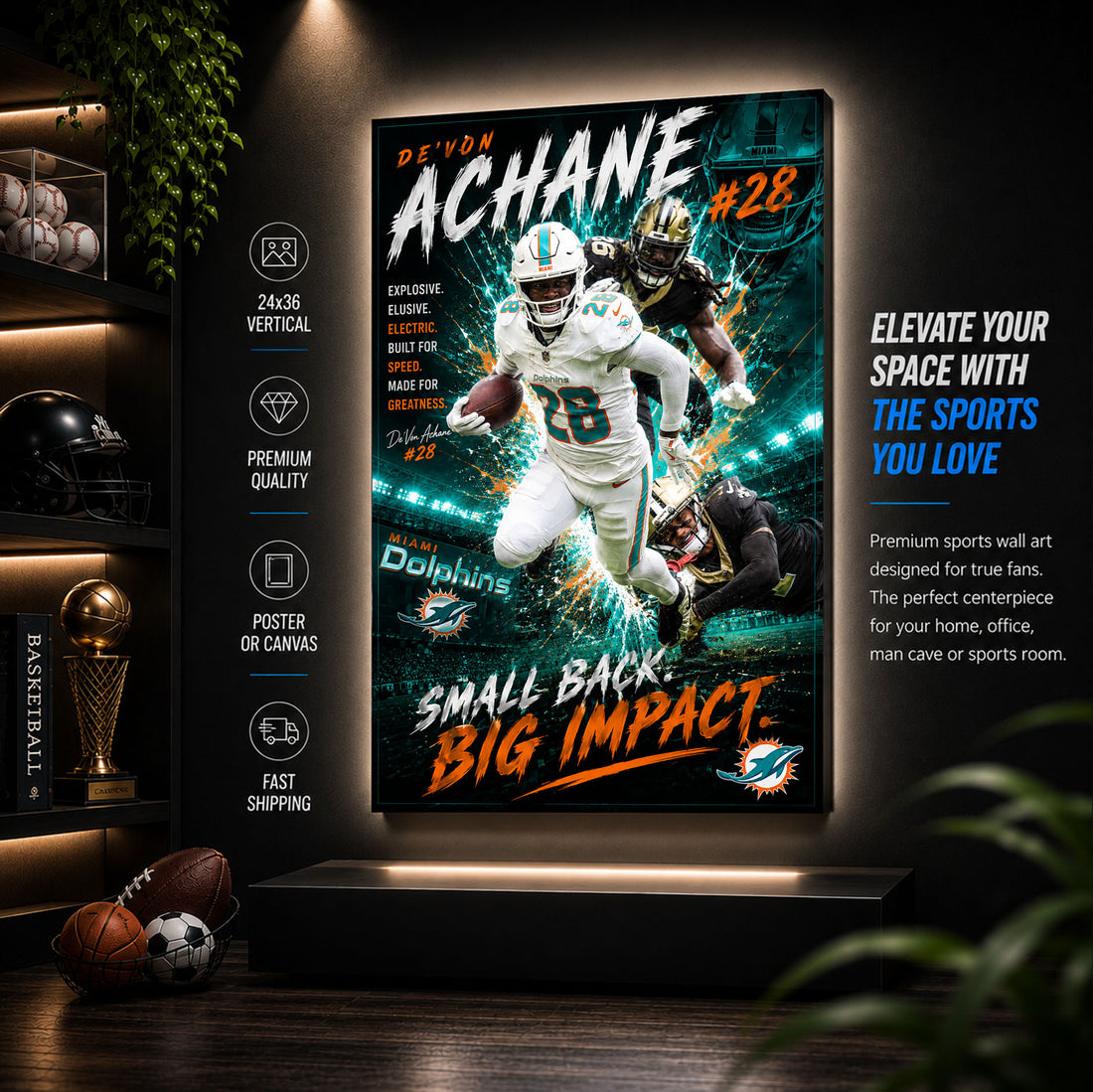 Devon Achane Dolphins Fan Poster or Canvas Wall Art