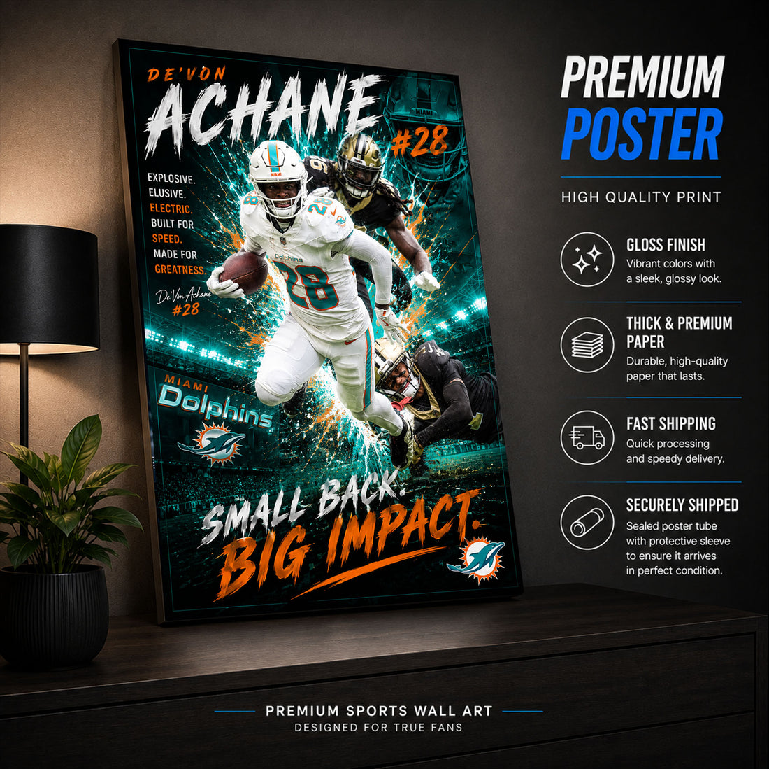 Devon Achane Dolphins Fan Poster or Canvas Wall Art