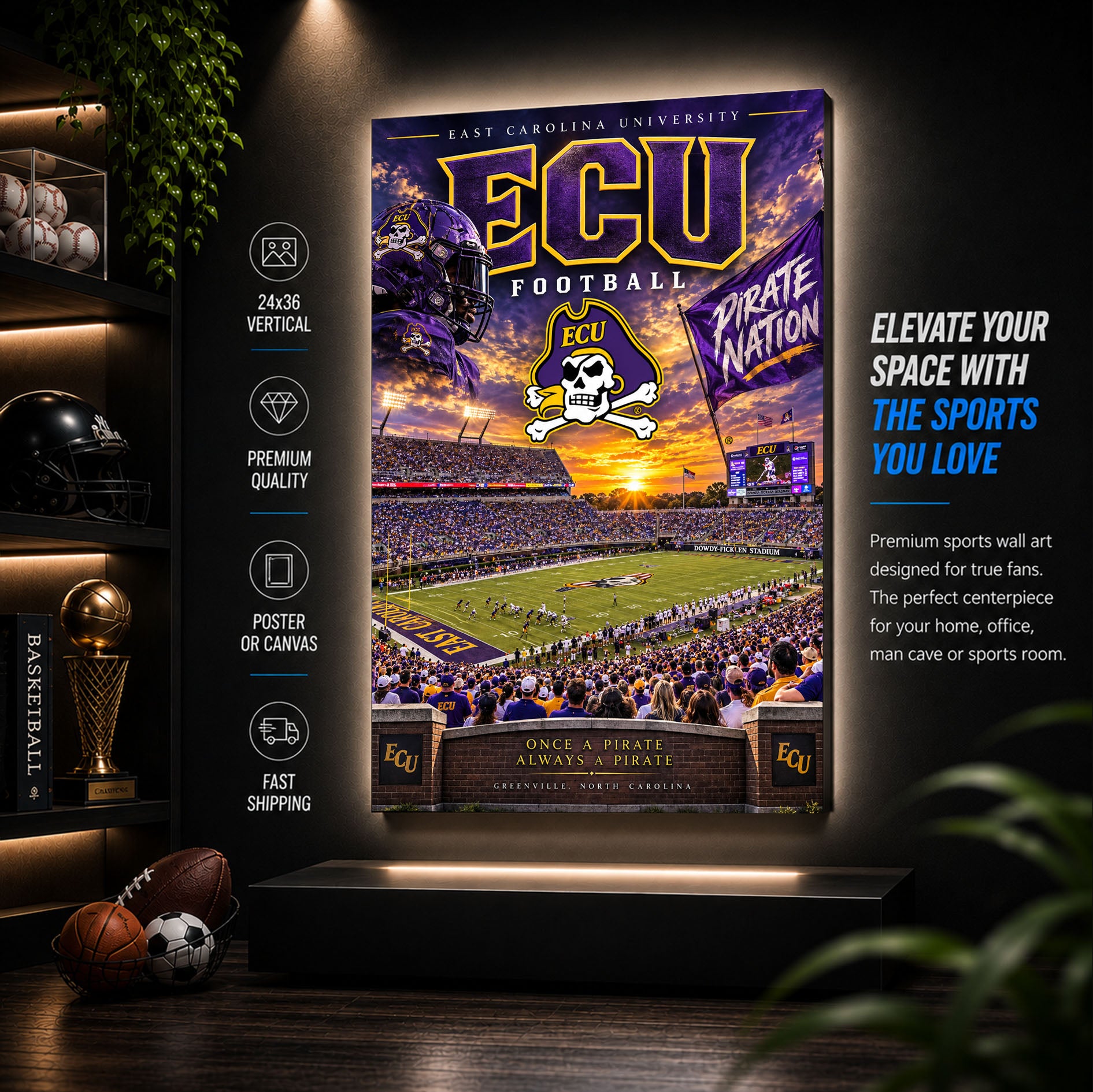 ECU Pirates Football Stadium Poster or Canvas Wall Art