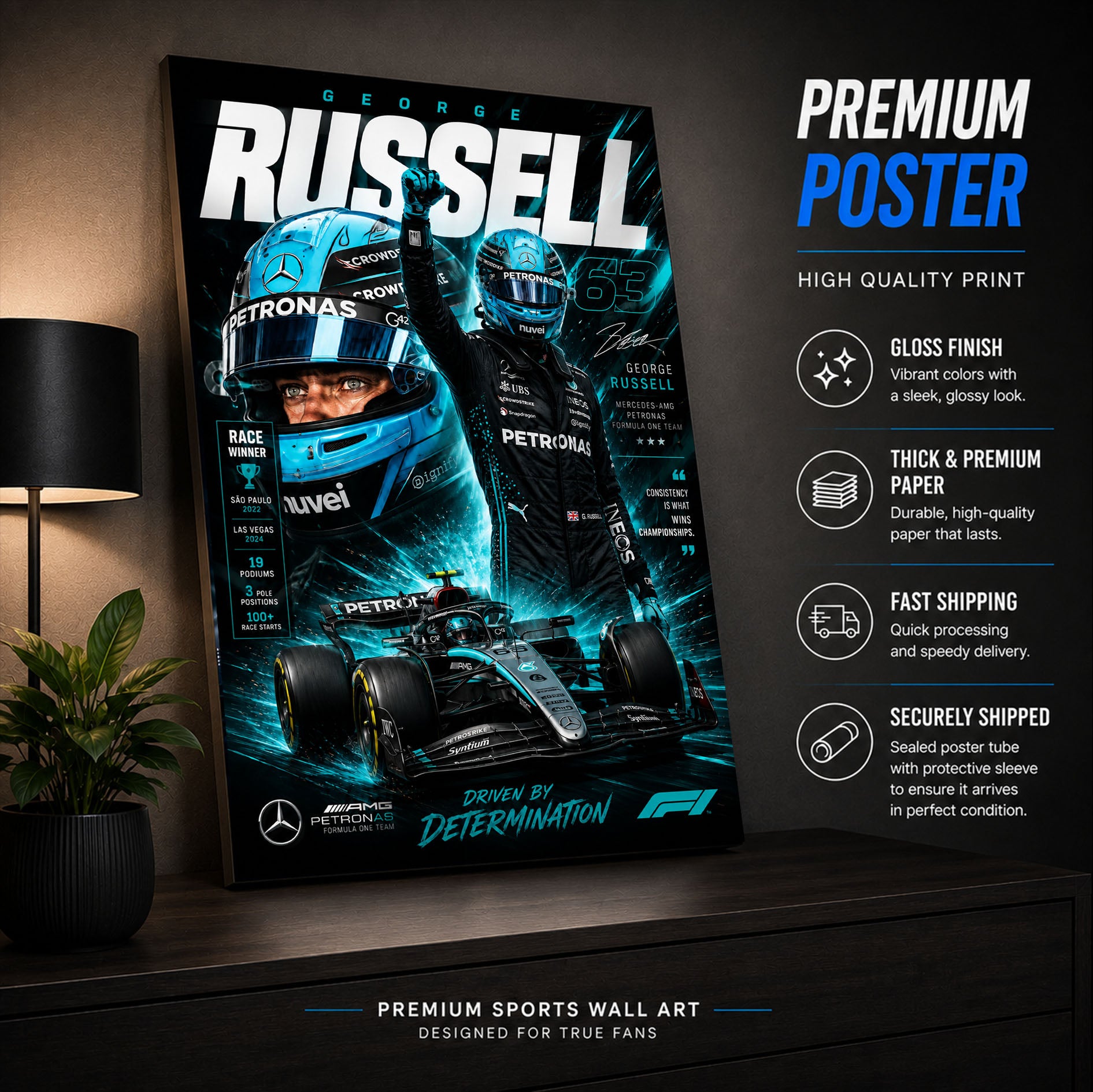 George Russell Racing Poster & Canvas – British Formula 1 Motorsport Wall Art