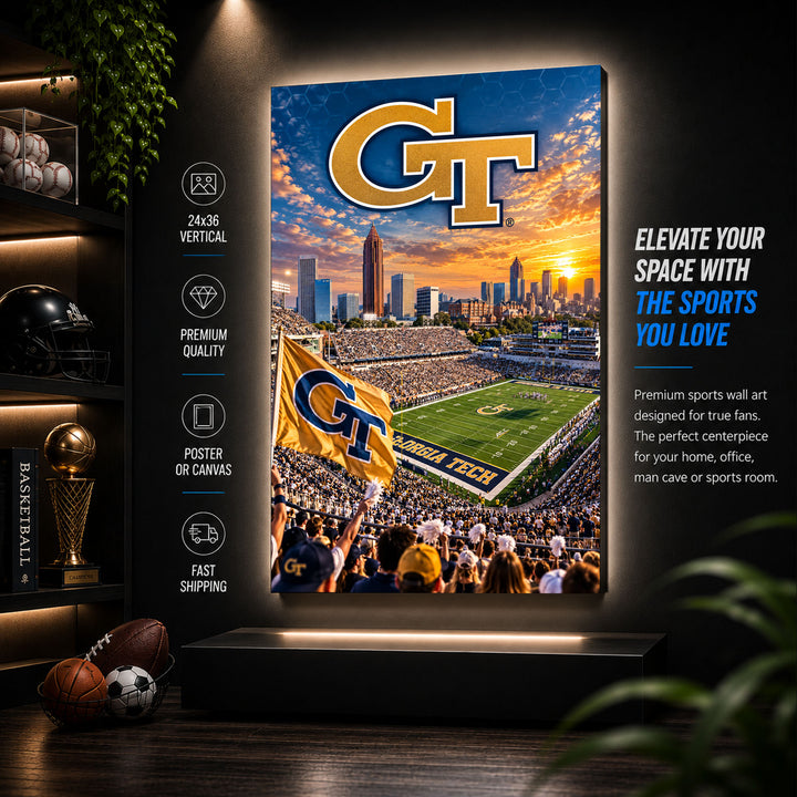 Georgia Tech Jackets Football Stadium Poster or Canvas Wall Art