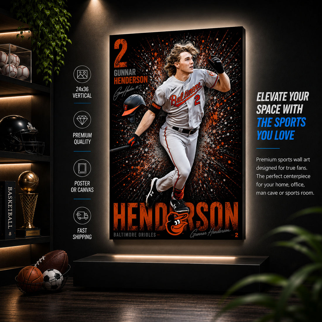 Gunnar Henderson Orioles Poster or Canvas Wall Art