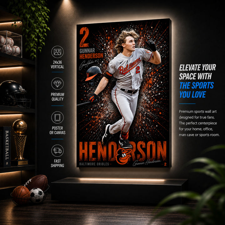 Gunnar Henderson Orioles Poster or Canvas Wall Art