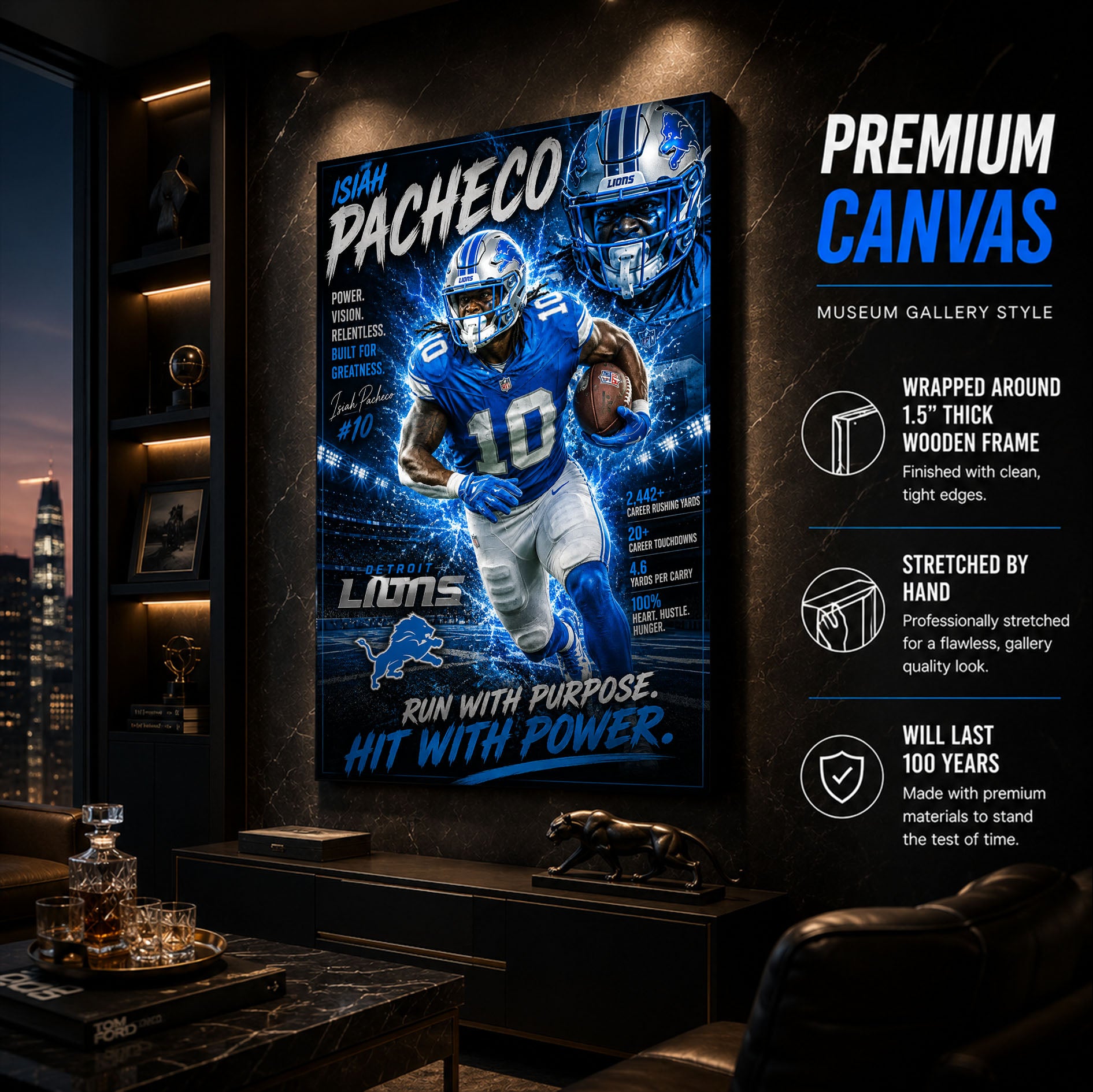 Isiah Pacheco Lions Fan Poster or Canvas Wall Art