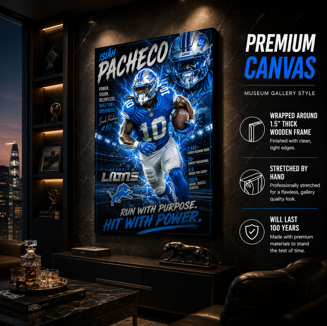 Isiah Pacheco Lions Fan Poster or Canvas Wall Art