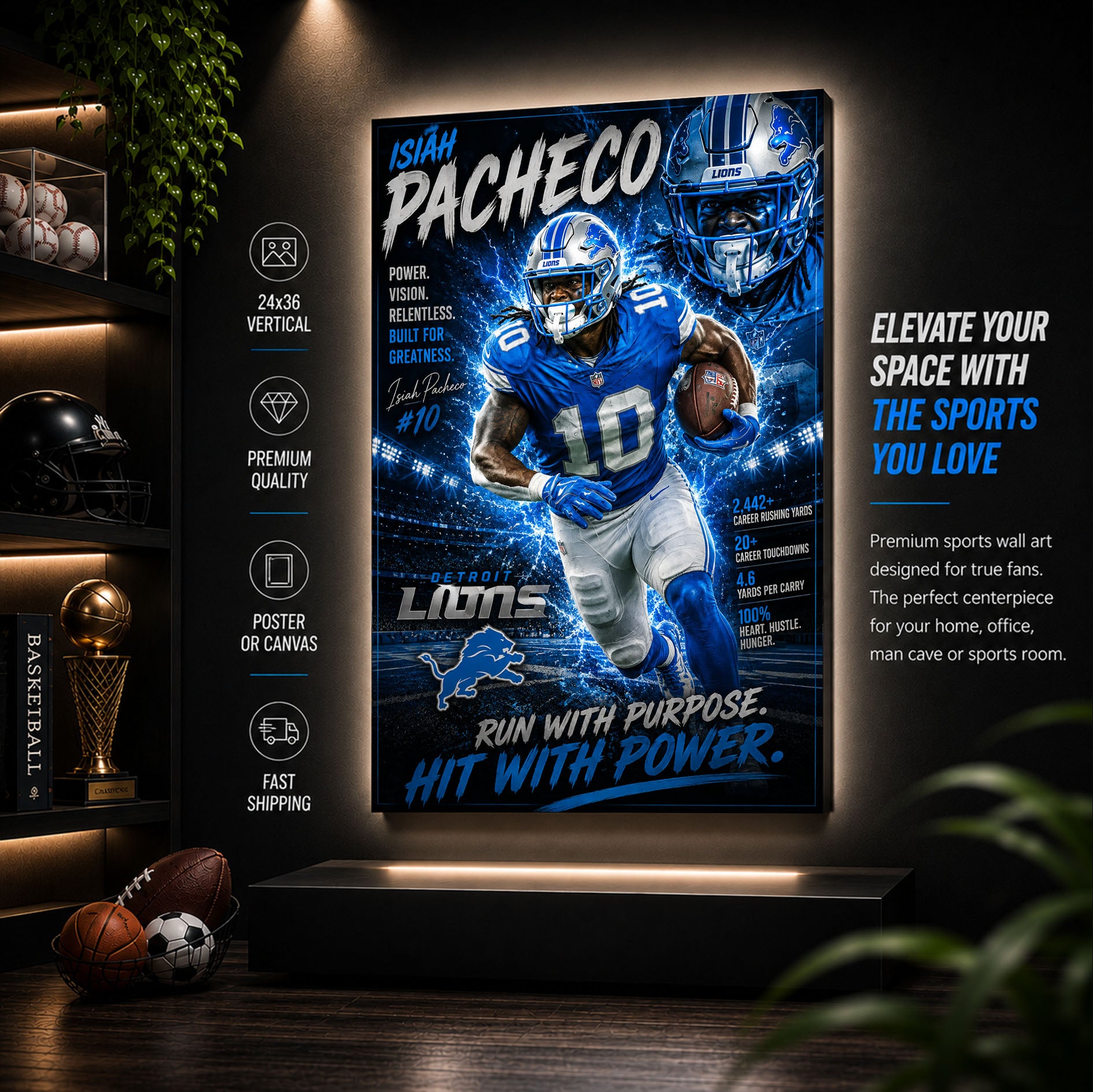 Isiah Pacheco Lions Fan Poster or Canvas Wall Art