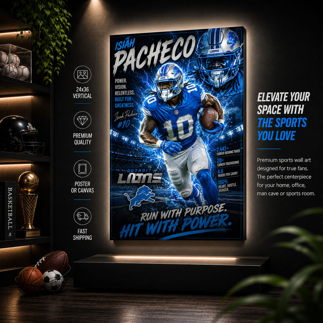 Isiah Pacheco Lions Fan Poster or Canvas Wall Art