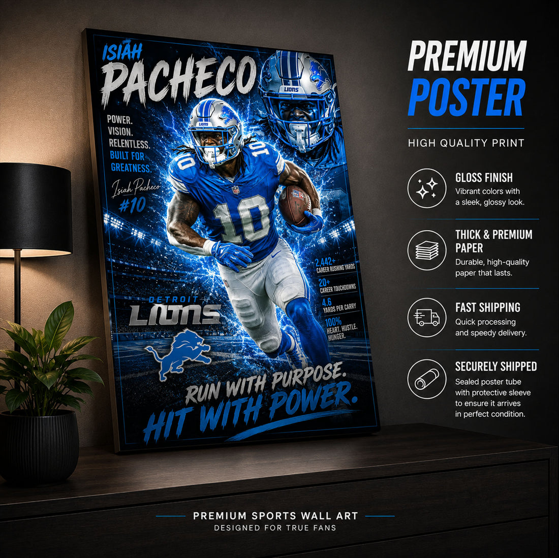 Isiah Pacheco Lions Fan Poster or Canvas Wall Art