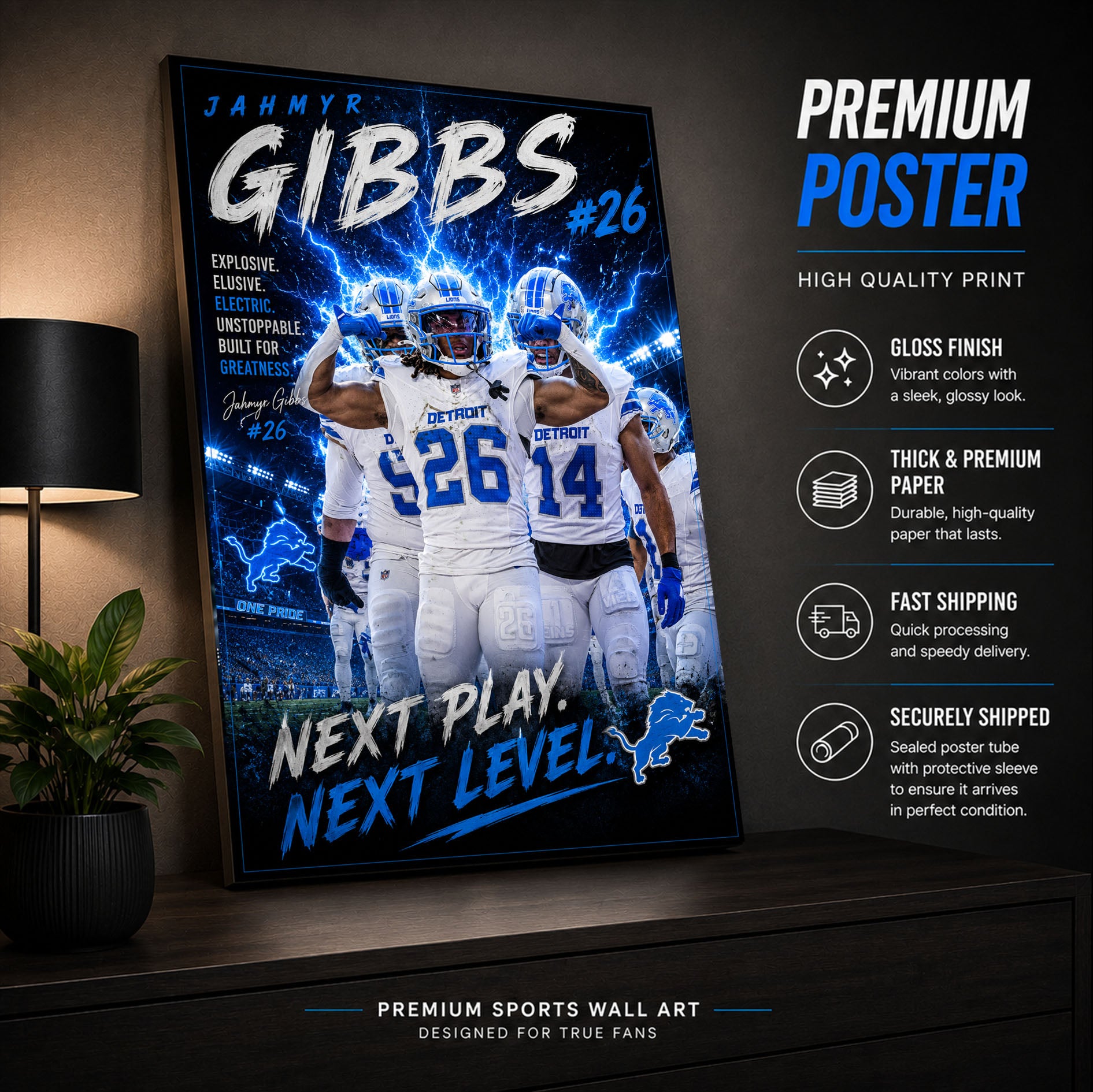 Jahmyr Gibbs Lions Fan Poster or Canvas Wall Art
