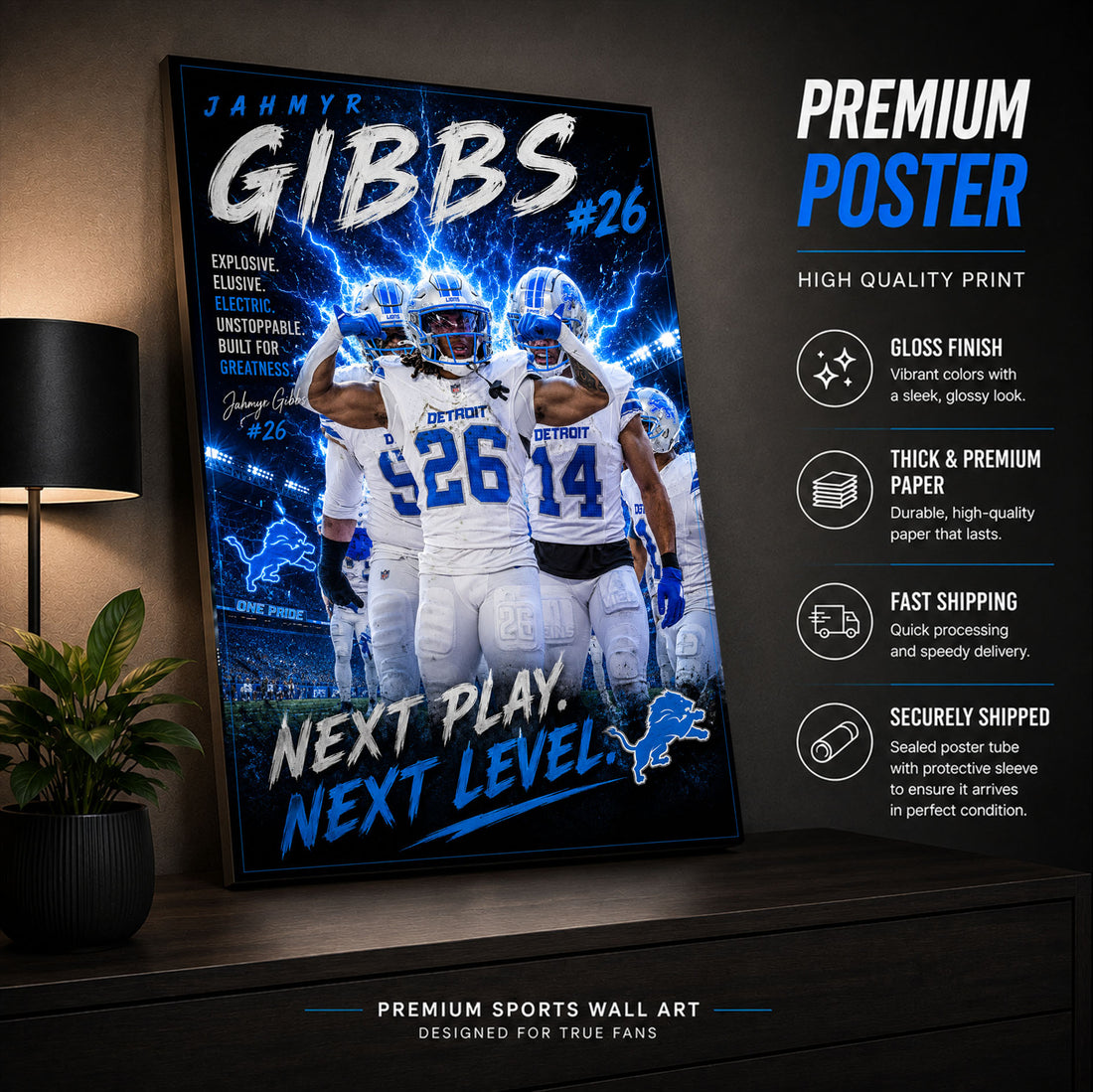Jahmyr Gibbs Lions Fan Poster or Canvas Wall Art