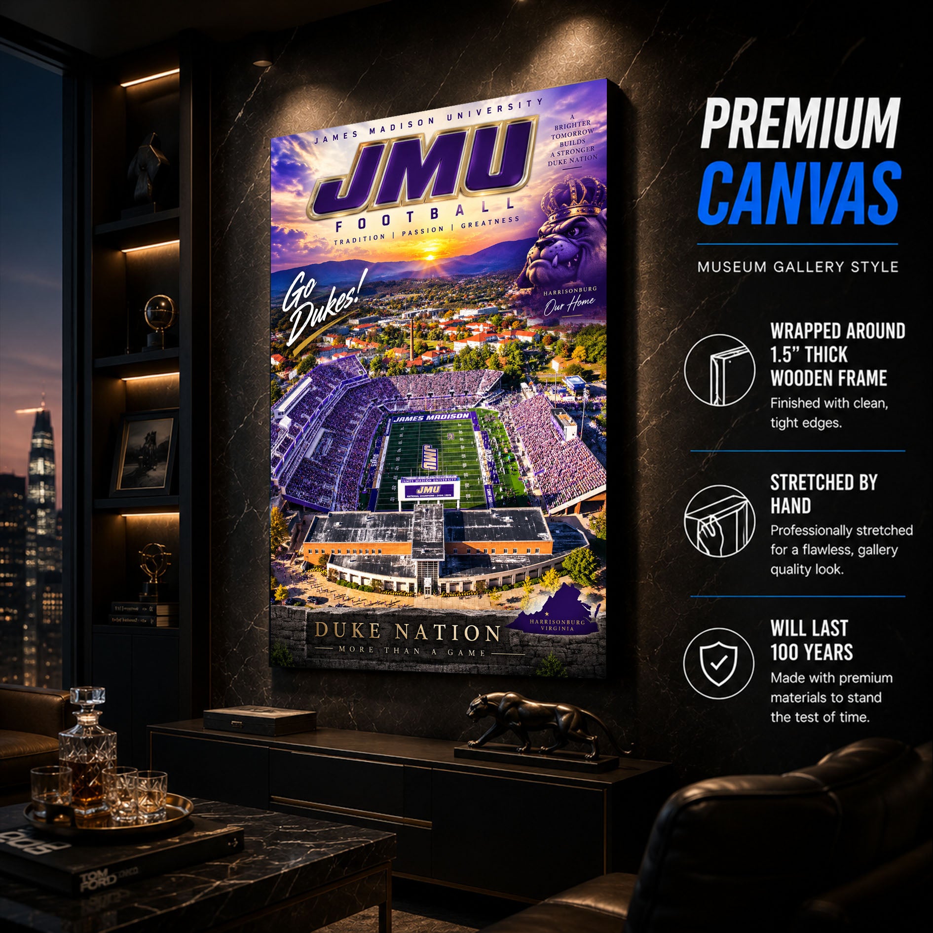 JMU Dukes Football Stadium Poster or Canvas Wall Art
