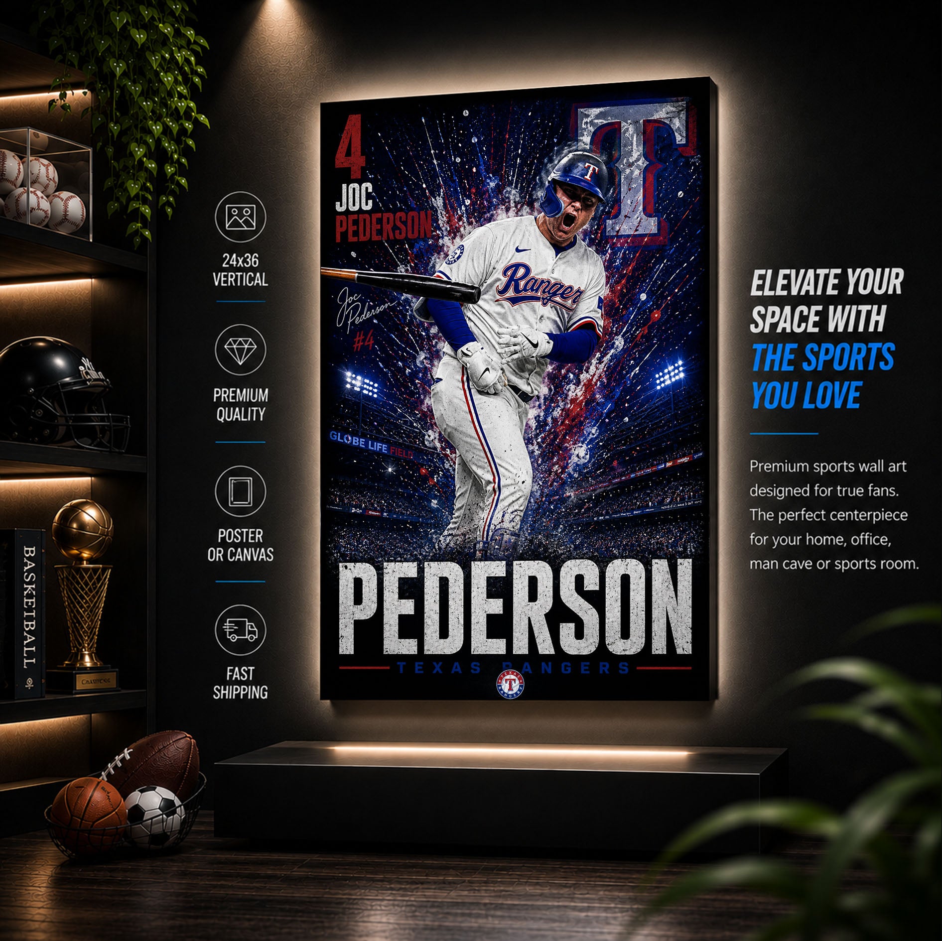 Joc Pederson Rangers Poster or Canvas Wall Art