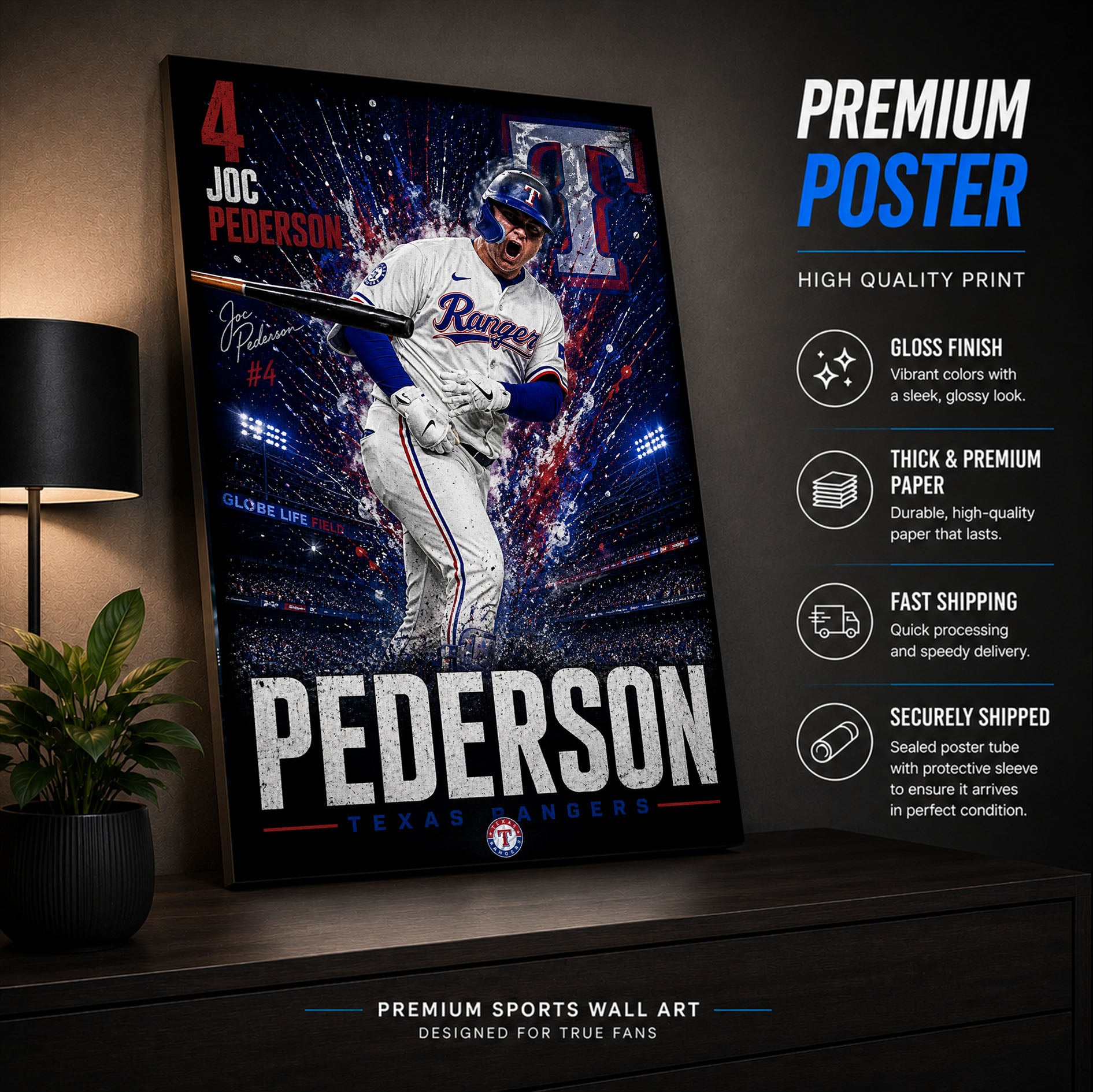 Joc Pederson Rangers Poster or Canvas Wall Art