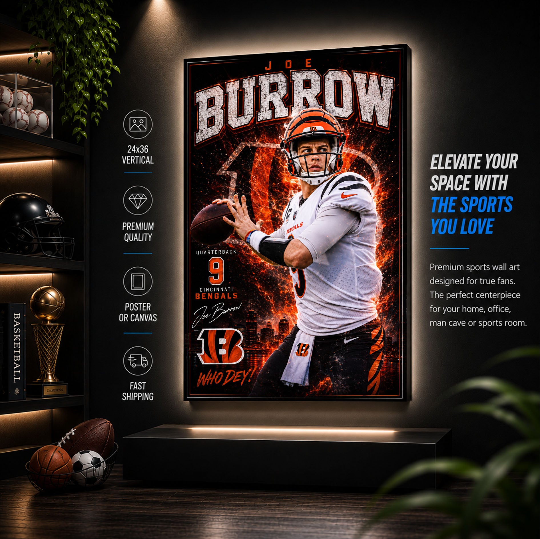 Joe Burrow Bengals Fan Poster or Canvas Wall Art
