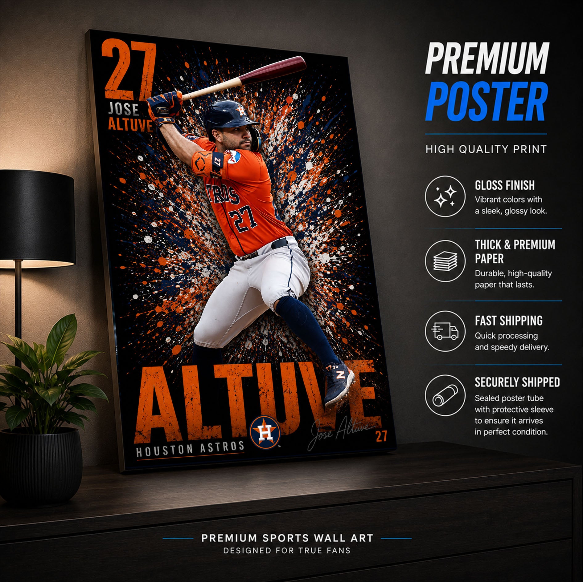 Jose Altuve Astros Poster or Canvas Wall Art