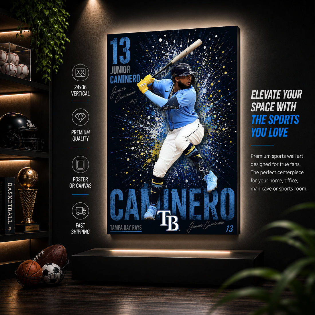 Junior Caminero Rays Poster or Canvas Wall Art