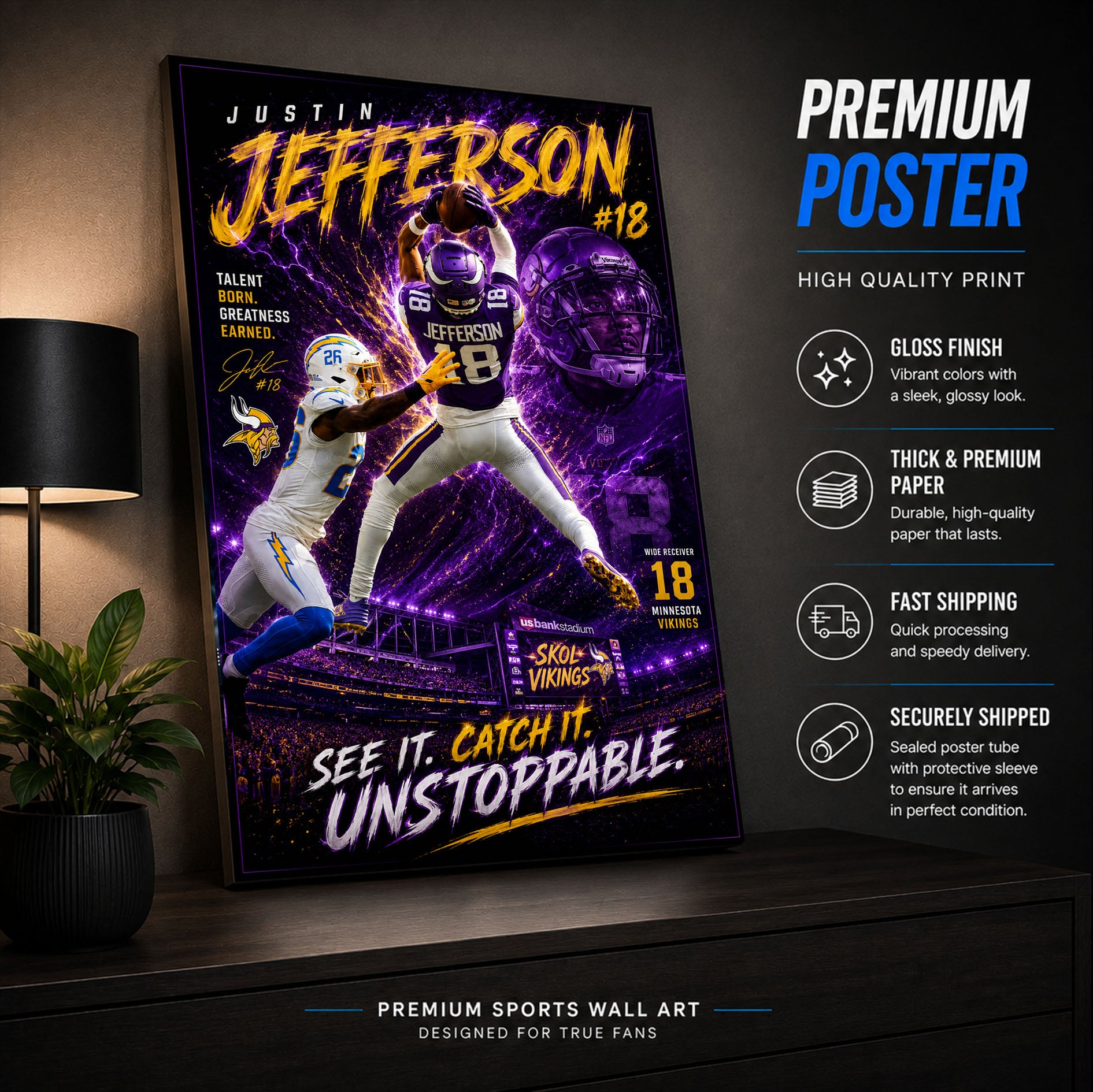 Justin Jefferson Vikings Fan Poster or Canvas Wall Art