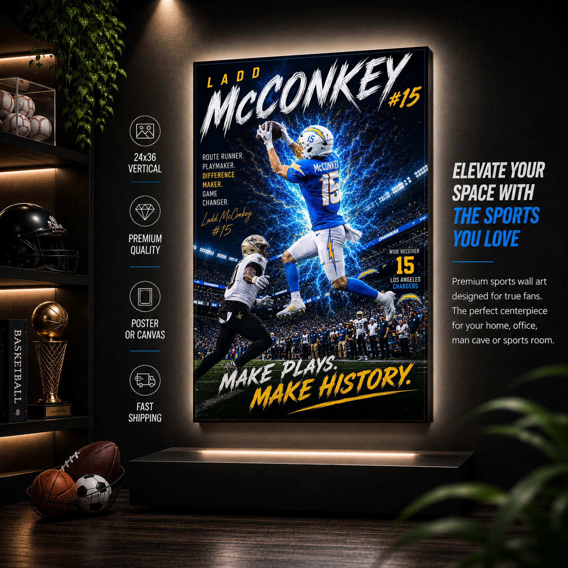 Ladd McConkey Chargers Fan Poster or Canvas Wall Art