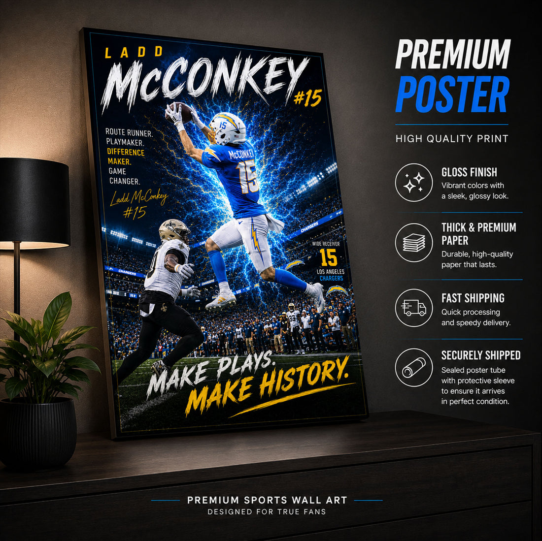 Ladd McConkey Chargers Fan Poster or Canvas Wall Art