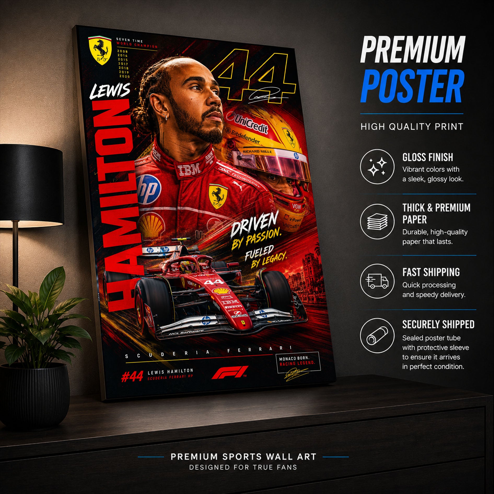 Lewis Hamilton Ferrari Poster & Canvas – Scuderia Ferrari Formula 1 Racing F1 Wall Art