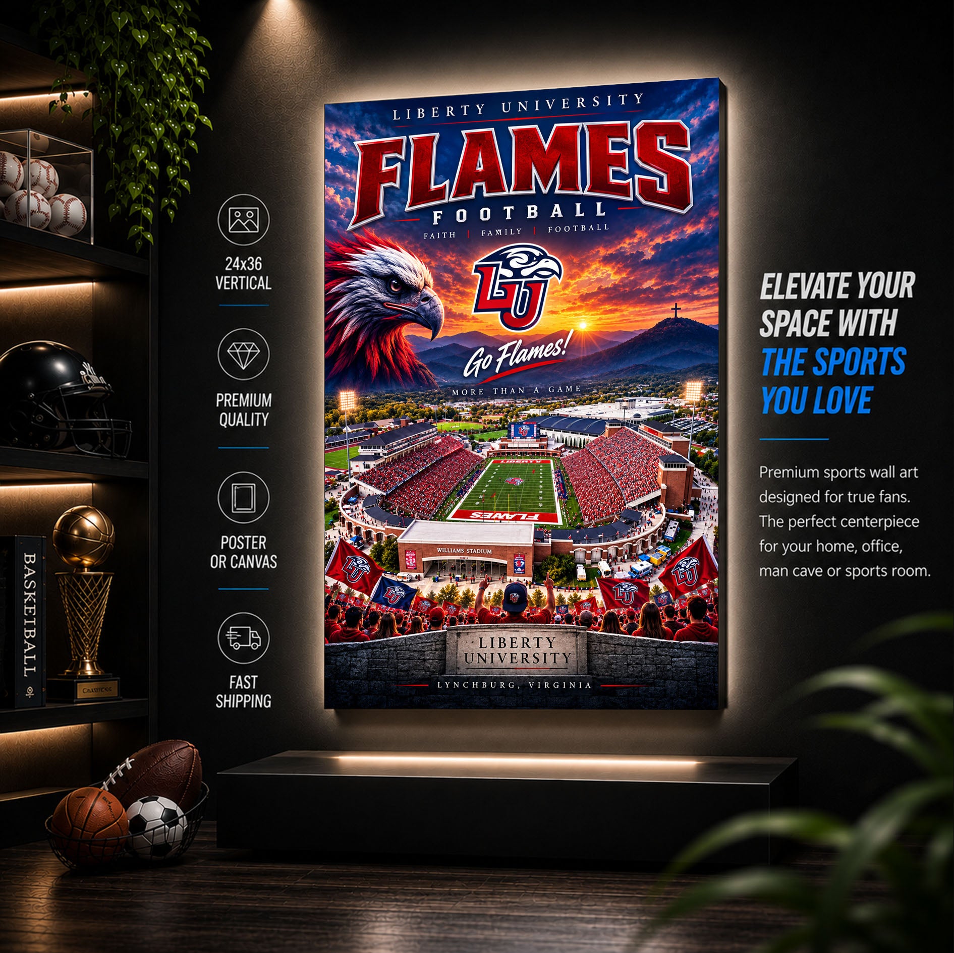 Liberty University Football Stadium Poster or Canvas Wall Art