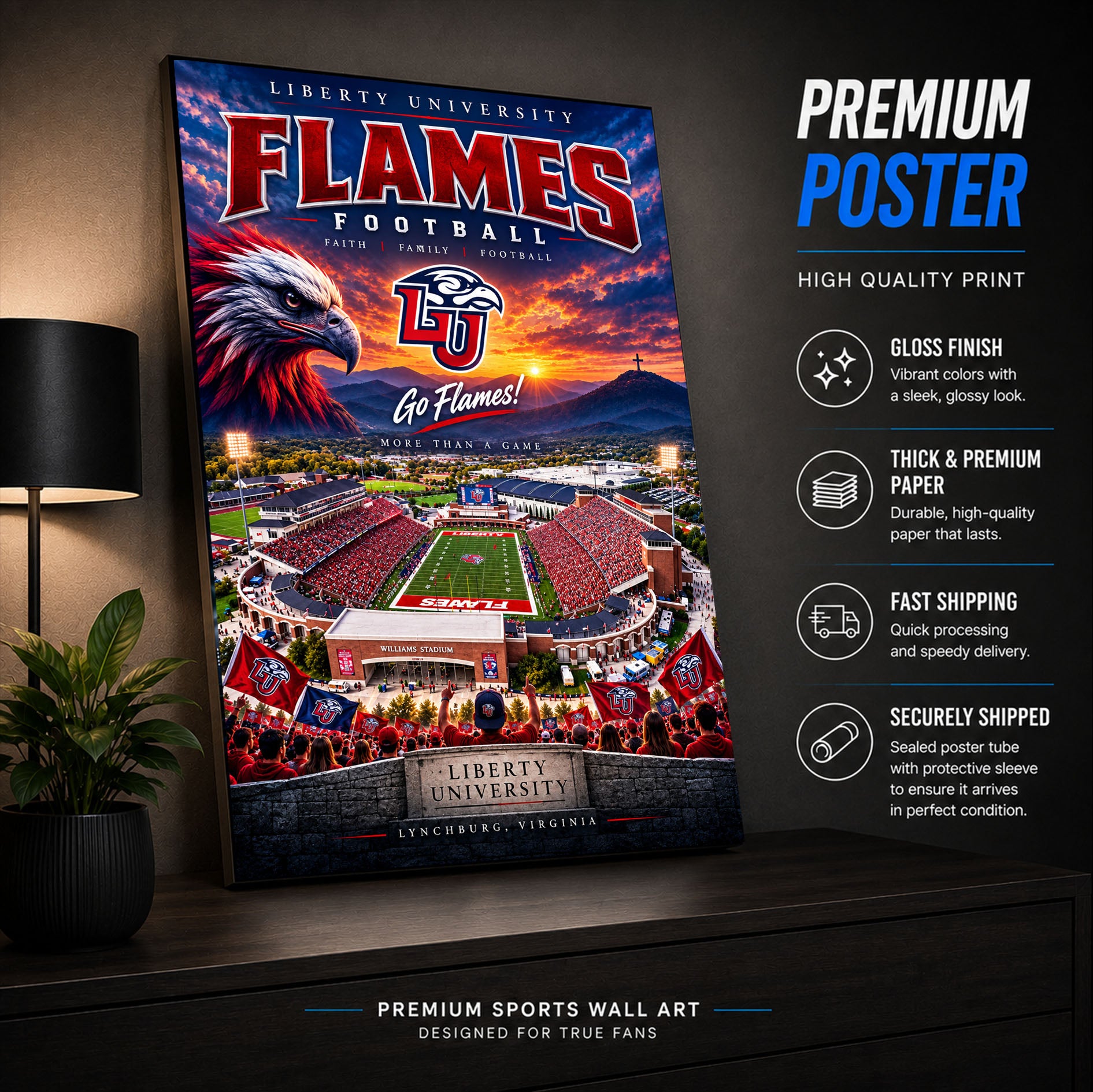 Liberty University Football Stadium Poster or Canvas Wall Art