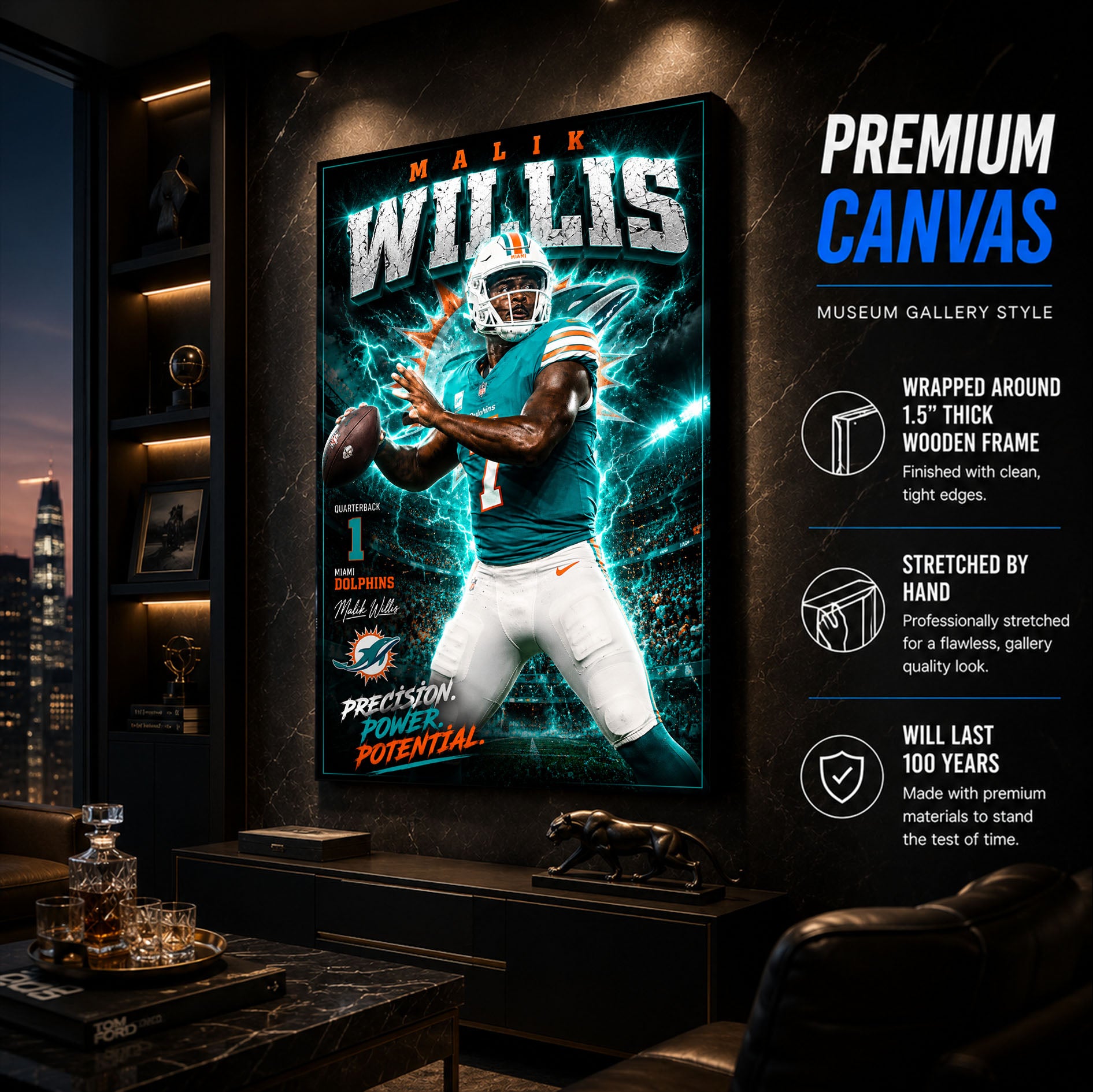 Malik Willis Dolphins Fan Poster or Canvas Wall Art