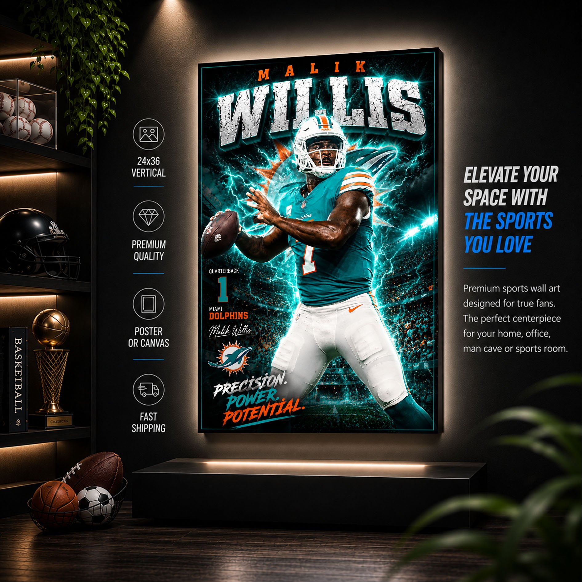 Malik Willis Dolphins Fan Poster or Canvas Wall Art
