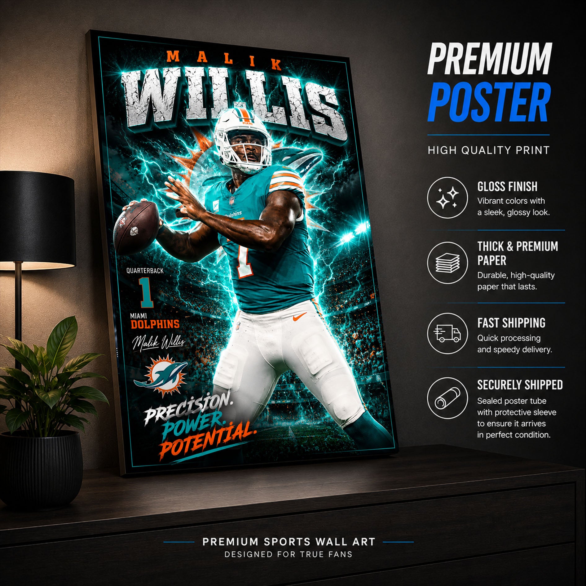 Malik Willis Dolphins Fan Poster or Canvas Wall Art
